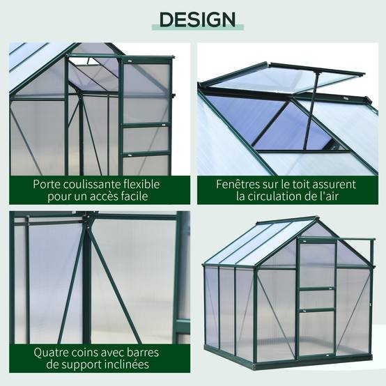 Serre de jardin Polycarbonate 3,6m² Aluminium avec base et gouttière 190x192x201cm Vert Foncé - ComfortXL Outdoor Living - Image 6