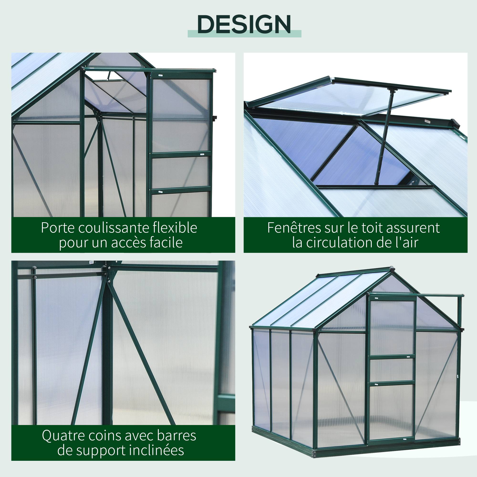Serre de jardin Polycarbonate 3,6m² Aluminium avec base et gouttière 190x192x201cm Vert Foncé - ComfortXL Outdoor Living - Image 6