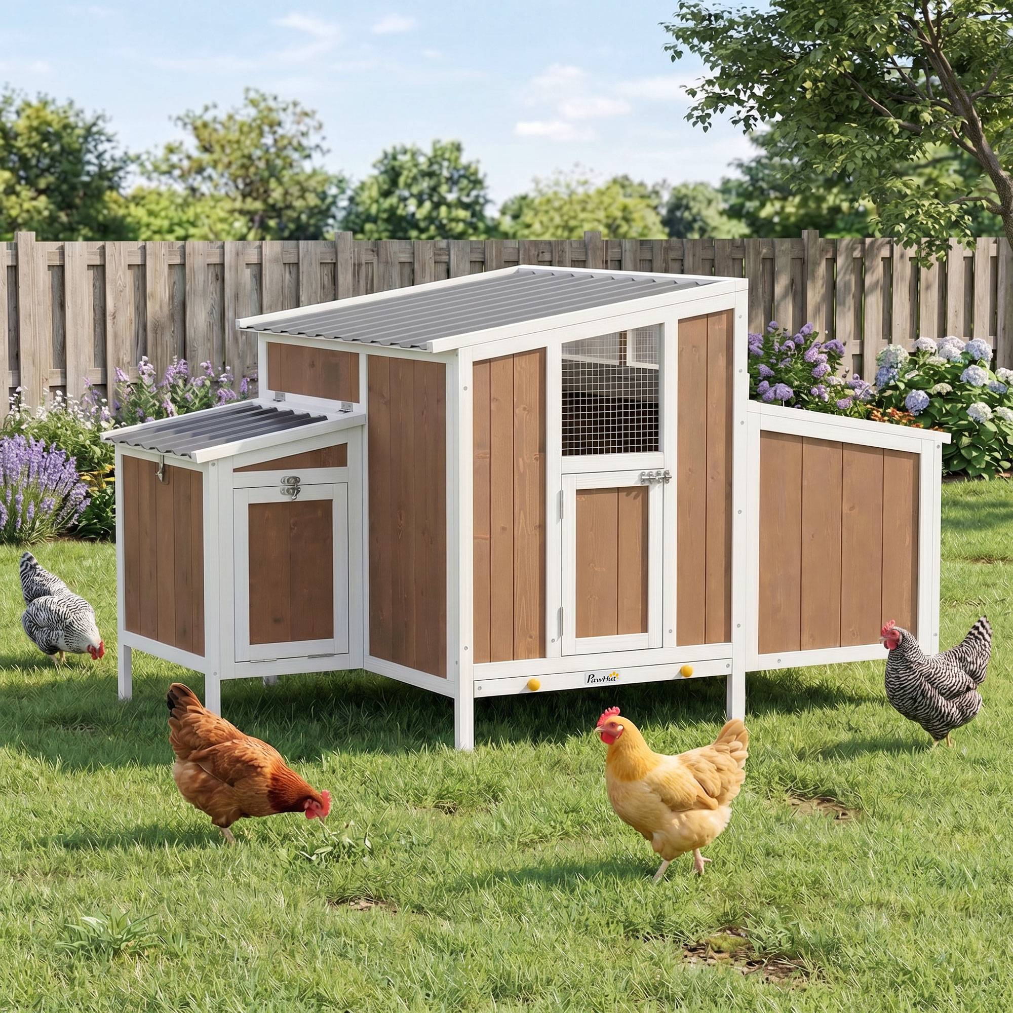 Poulailler extérieur bois 145x90x92cm pour 2-4 poules, nichoir latéral, bac extractible marron clair - Image 4