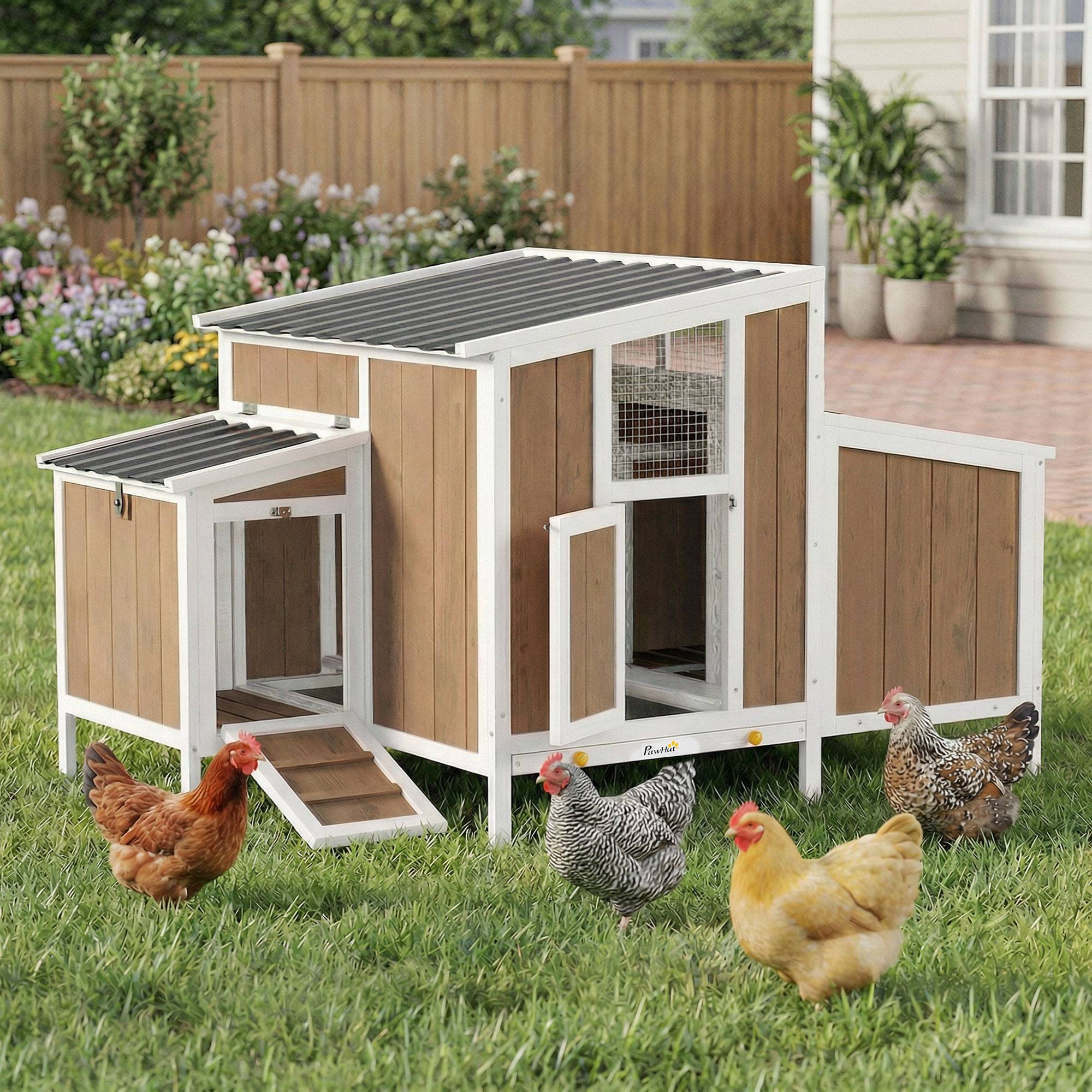 Poulailler extérieur bois 145x90x92cm pour 2-4 poules, nichoir latéral, bac extractible marron clair - Image 3