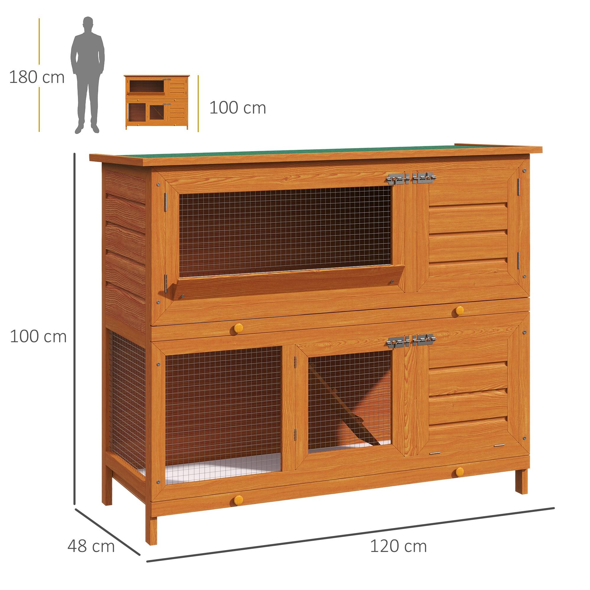 Clapier d'extérieur en bois à 2 niveaux avec toit ouvrant en asphalte, rampe, portes et 2 plateaux amovibles, 120 x 48 x 100 cm, bois naturel - Image 5