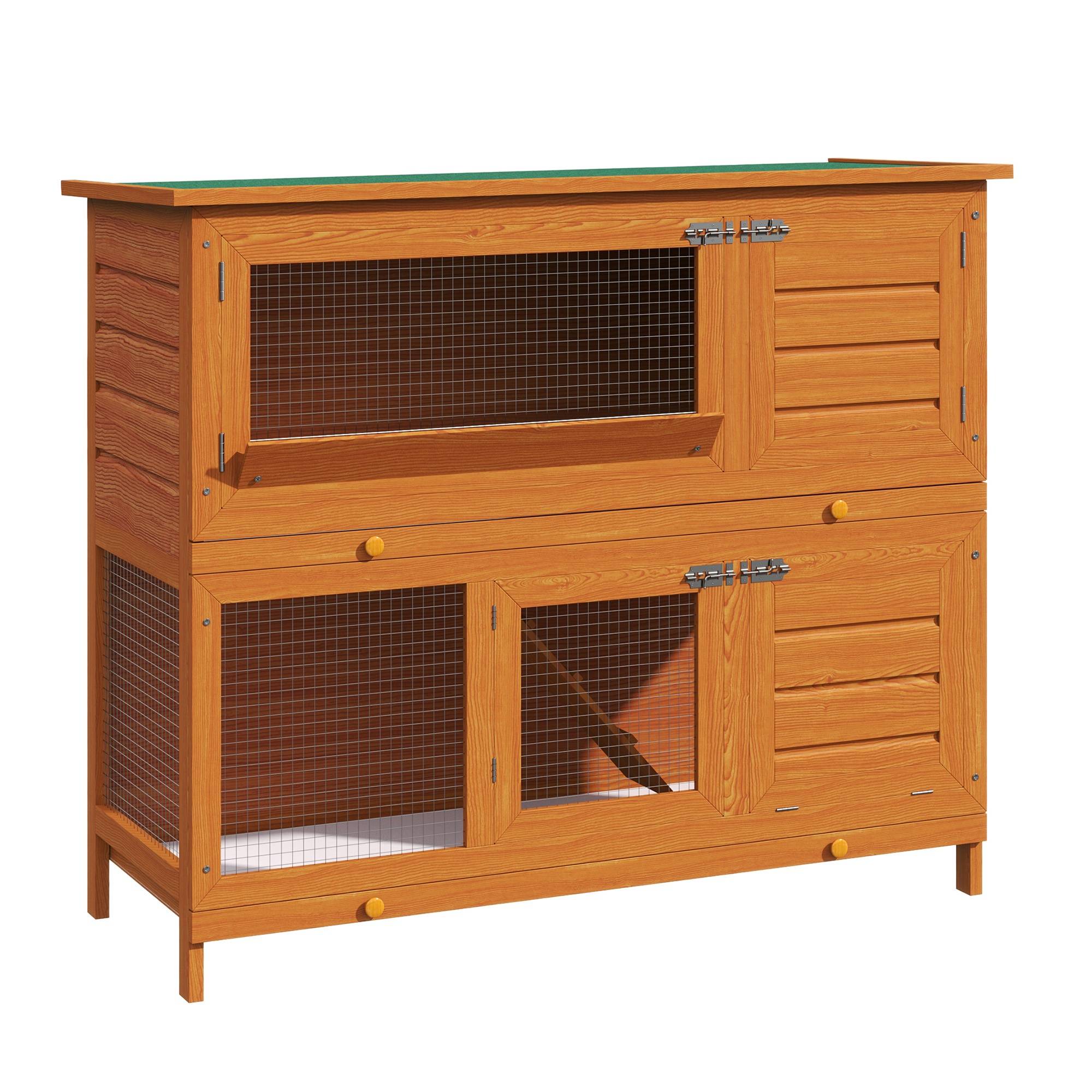 Clapier d'extérieur en bois à 2 niveaux avec toit ouvrant en asphalte, rampe, portes et 2 plateaux amovibles, 120 x 48 x 100 cm, bois naturel - Image 1