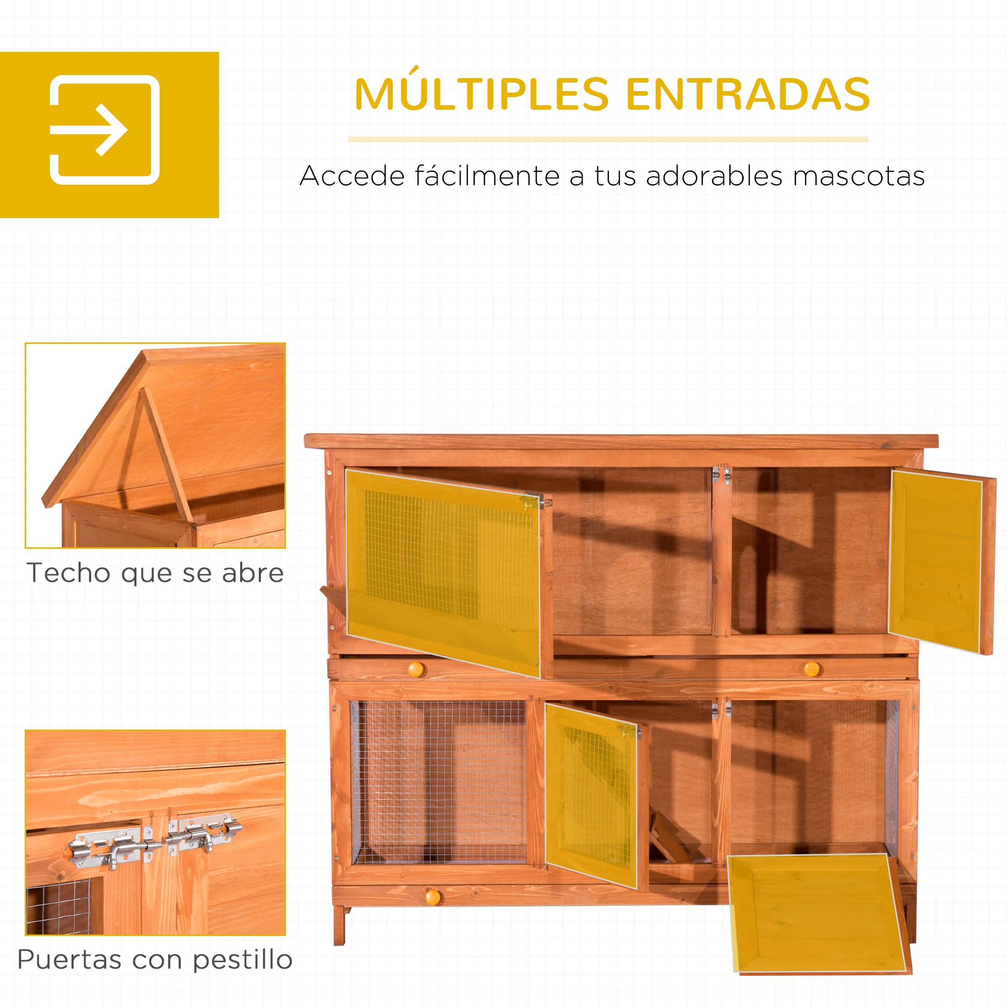 Clapier d'extérieur en bois à 2 niveaux avec toit ouvrant en asphalte, rampe, portes et 2 plateaux amovibles, 120 x 48 x 100 cm, bois naturel - Image 7