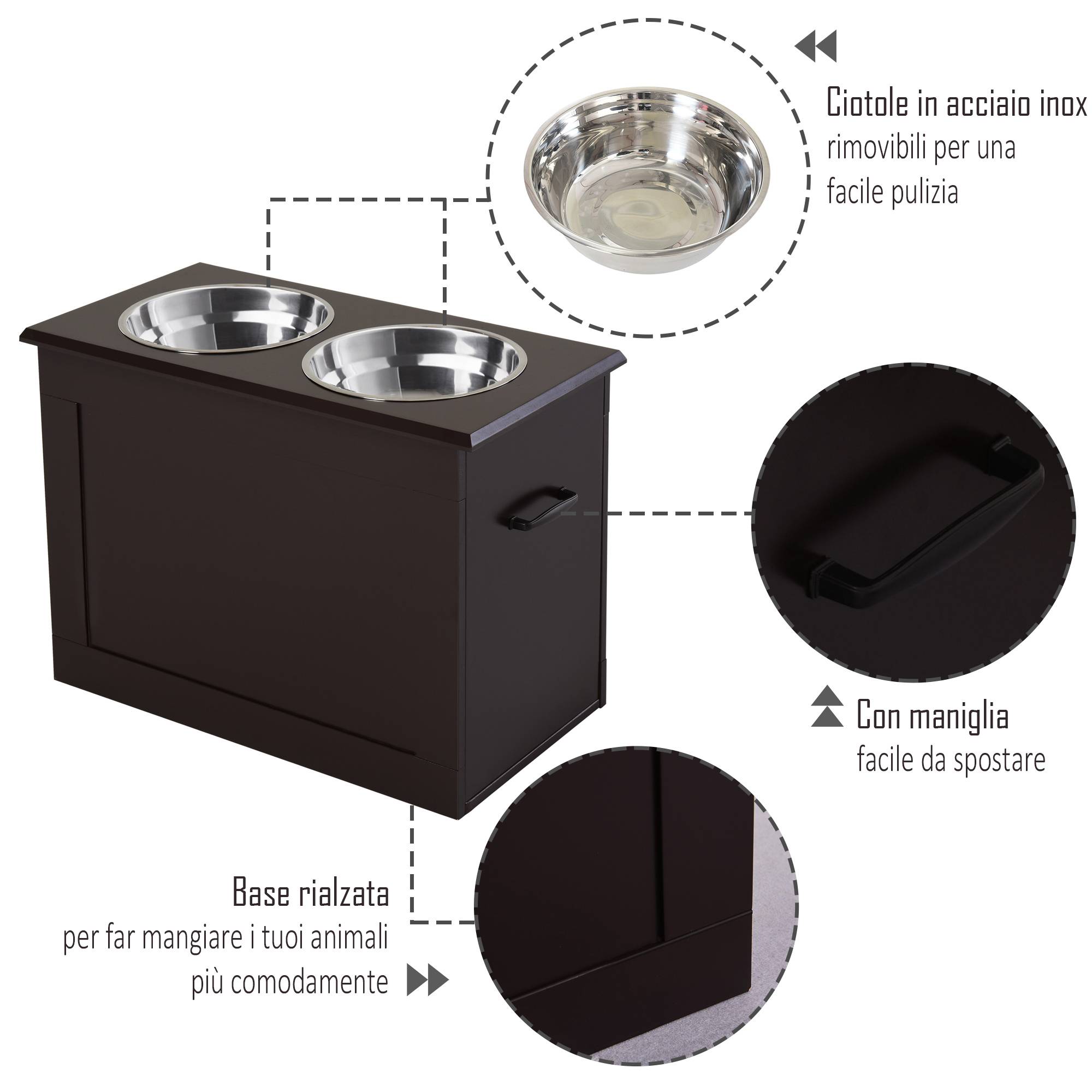 Gamelles surélevées pour grands chiens, support en MDF avec 2 gamelles en acier inoxydable, 60 x 30 x 41 cm, marron - Image 9