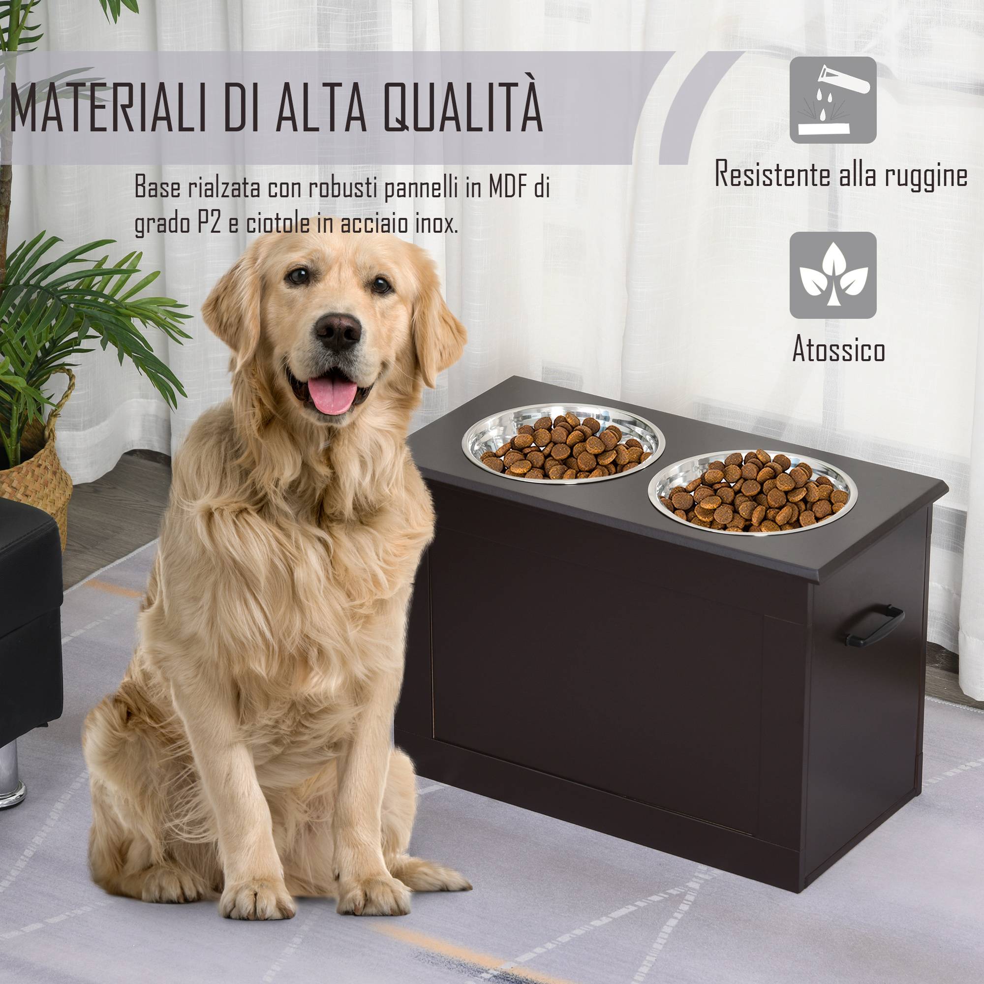 Gamelles surélevées pour grands chiens, support en MDF avec 2 gamelles en acier inoxydable, 60 x 30 x 41 cm, marron - Image 8