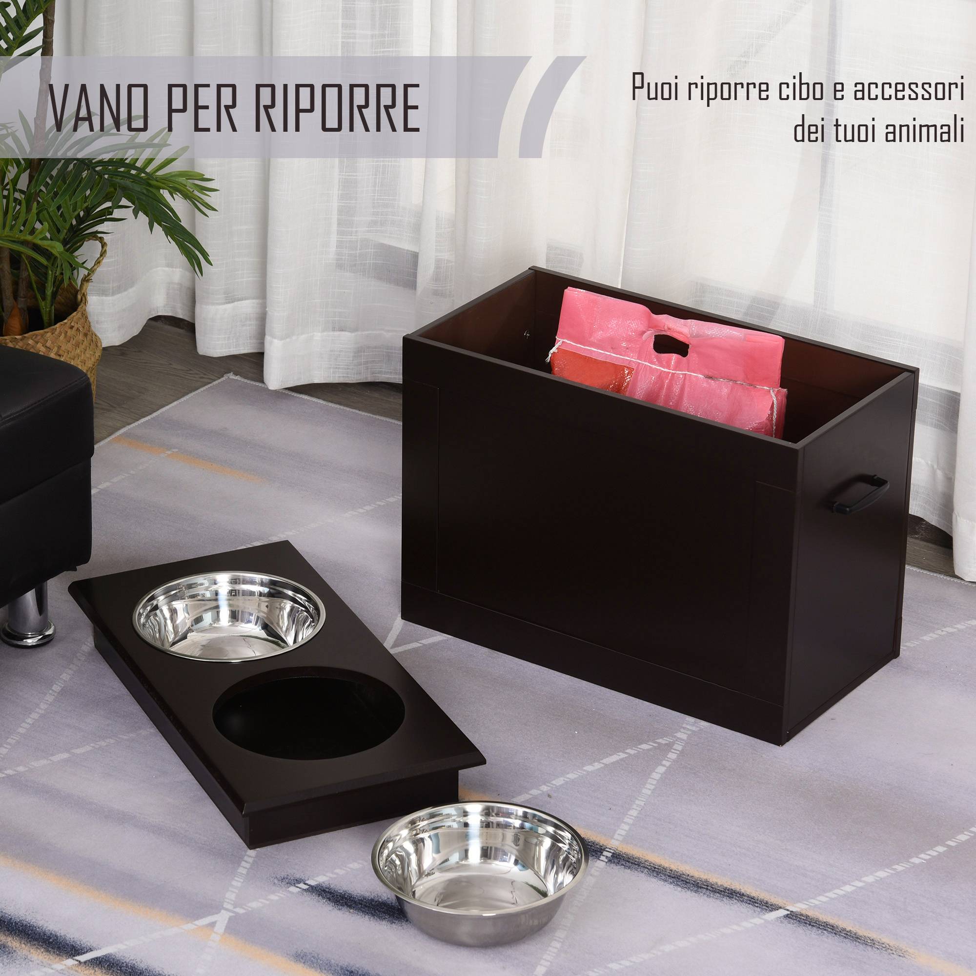 Gamelles surélevées pour grands chiens, support en MDF avec 2 gamelles en acier inoxydable, 60 x 30 x 41 cm, marron - Image 7