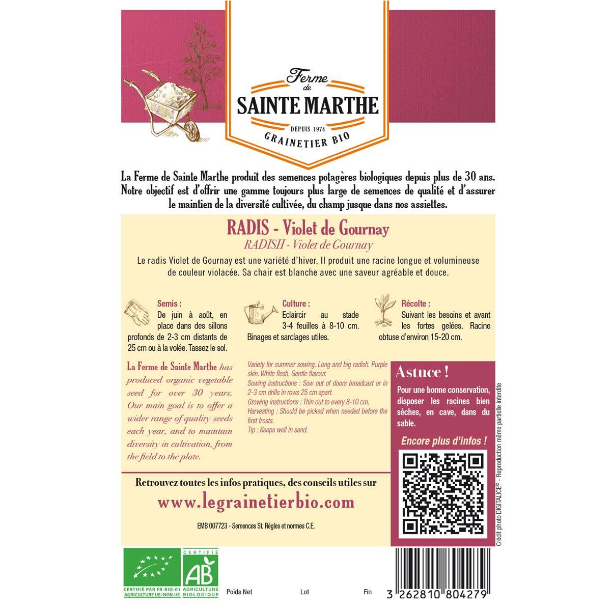 Radis Violet de Gournay Bio - Ferme de Sainte Marthe le sachet de 160 graines environ (2g)