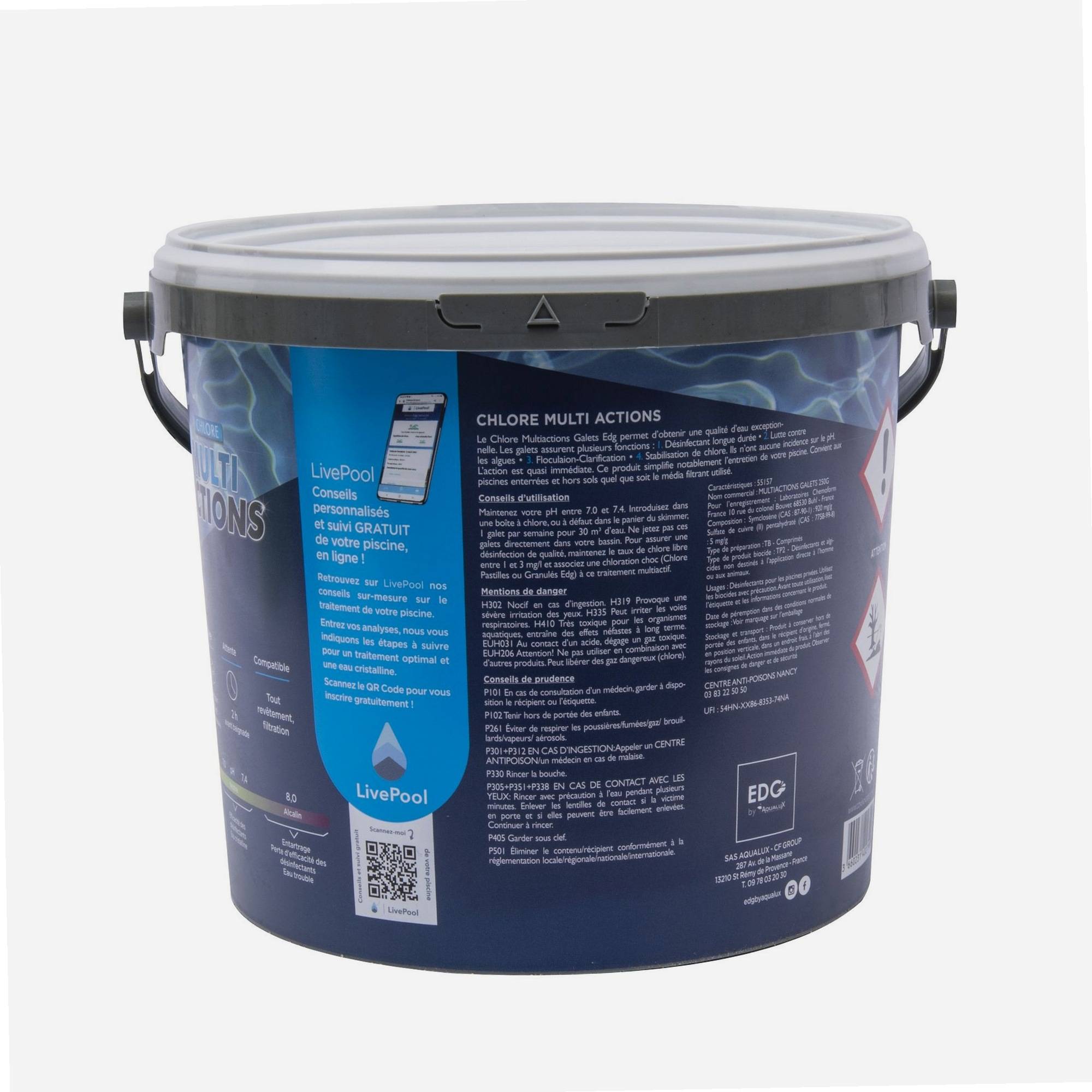 Aqualux - Chlore multi actions, galets 250gr, seau de 5KG, EDG, non comburant - AQUALUX - 106622 - Imagen 2