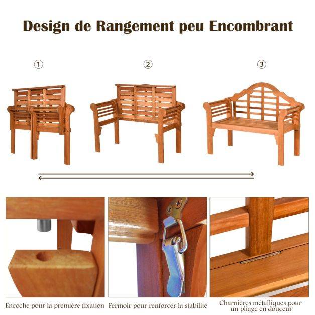 Helloshop26 - Banc de jardin pliable en bois d’eucalyptus 2 places 123 x 54 x 96 cm banquette de jardin extérieure pour terrasse cour balcon bois beige - Imagen 2