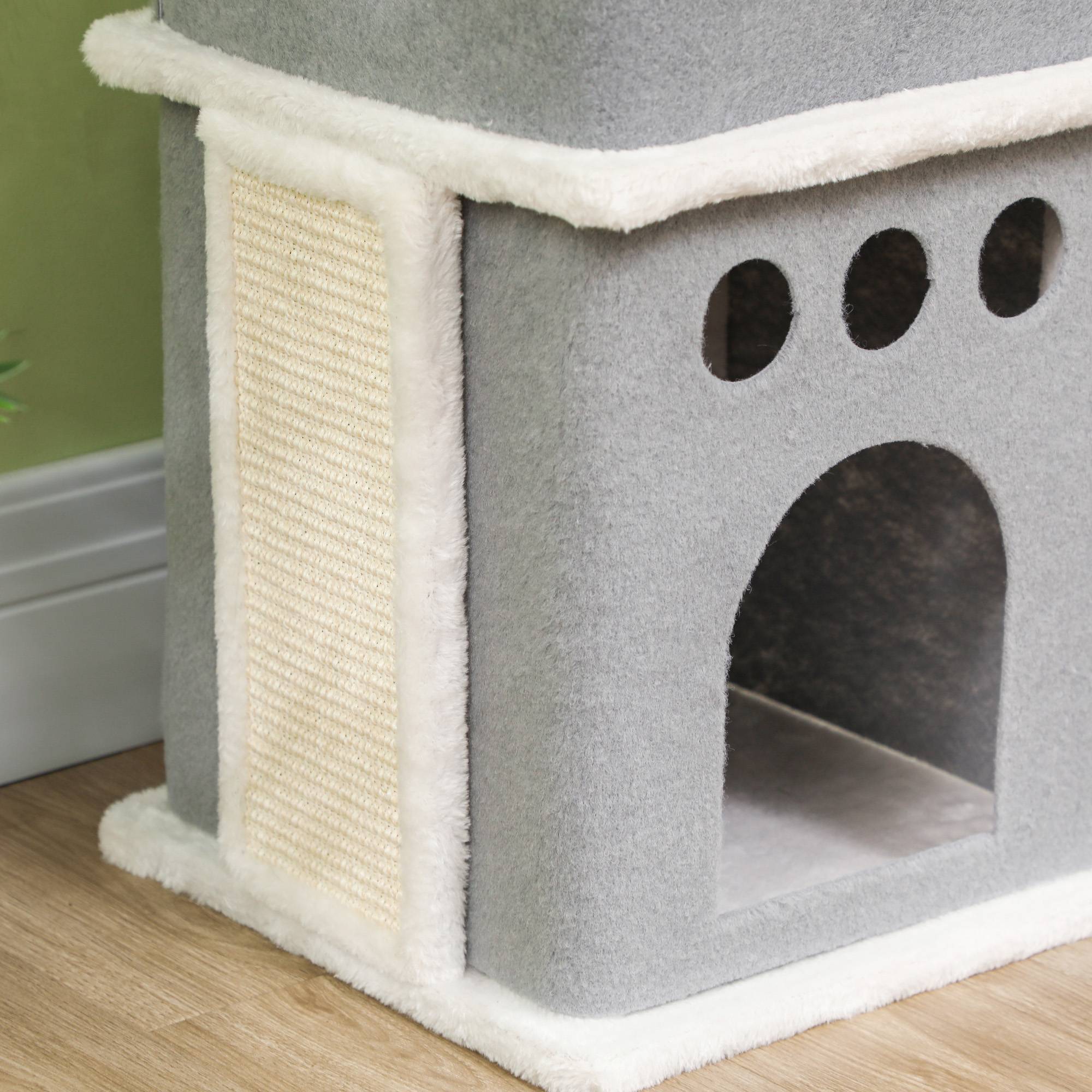 Arbre à chat 126 cm avec nids, plateformes, balles suspendues et poteaux en sisal couleur crème - Image 10