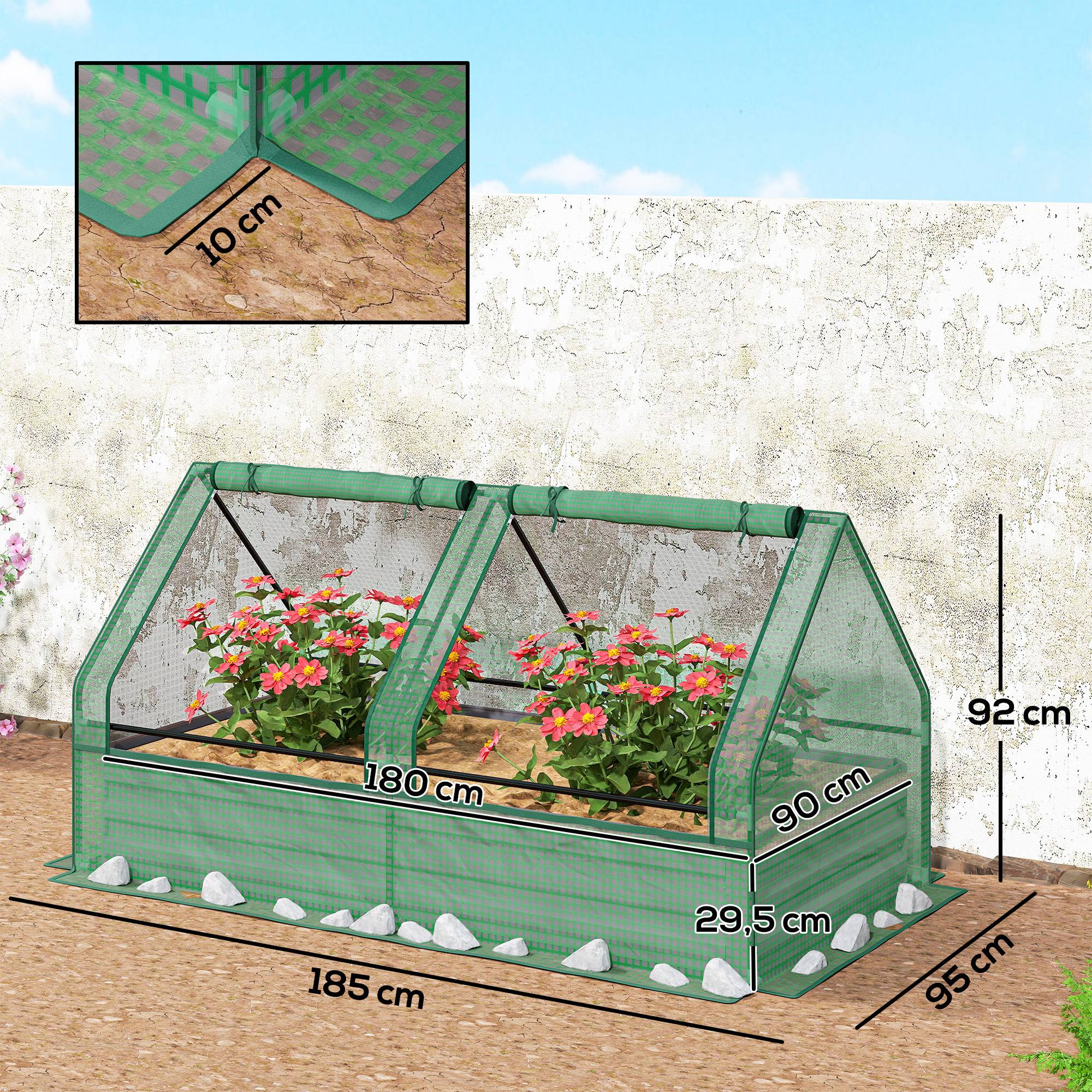 Grande jardinière d'extérieur avec mini-serre et base ouverte pour patio, terrasse, balcon, 185 x 95 x 92 cm, gris et vert - Image 5