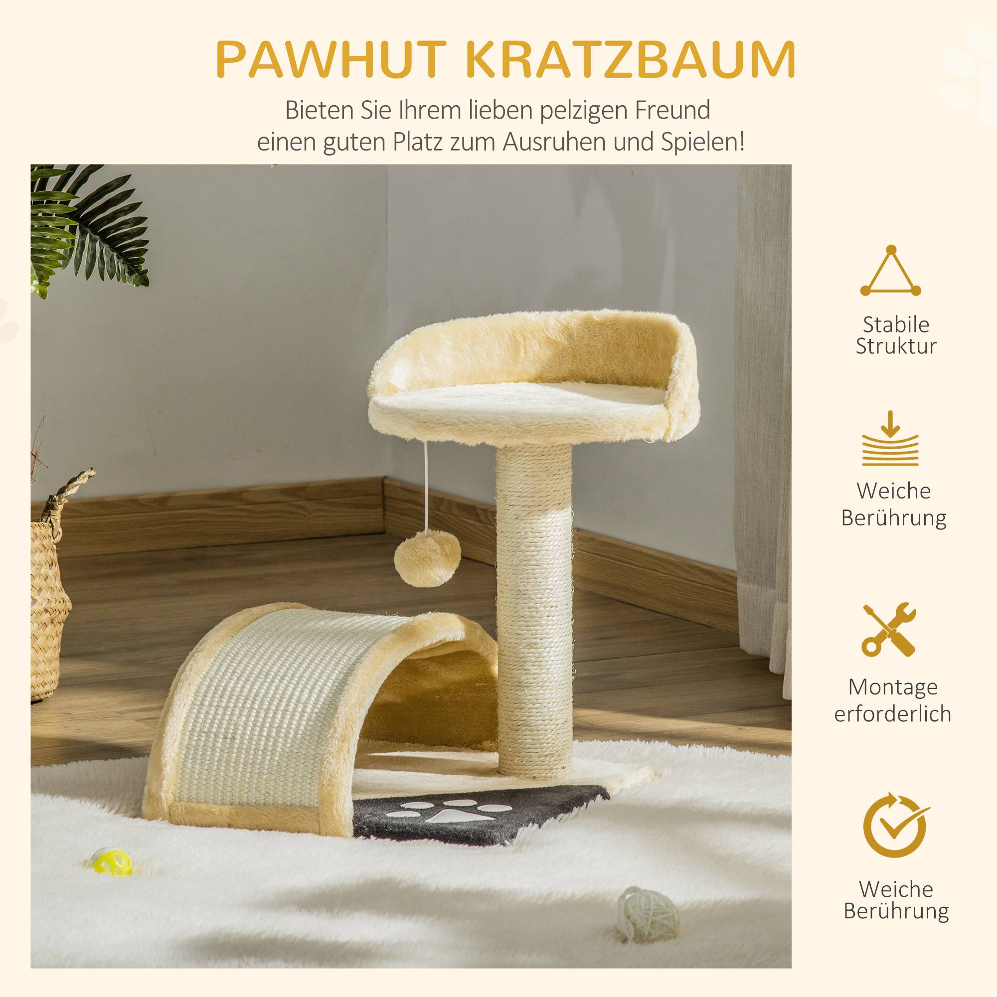 Arbre à chat PawHut 46 cm, tour avec grotte, balle, sisal, plateforme surélevée, jusqu'à 4 kg, beige - Image 5