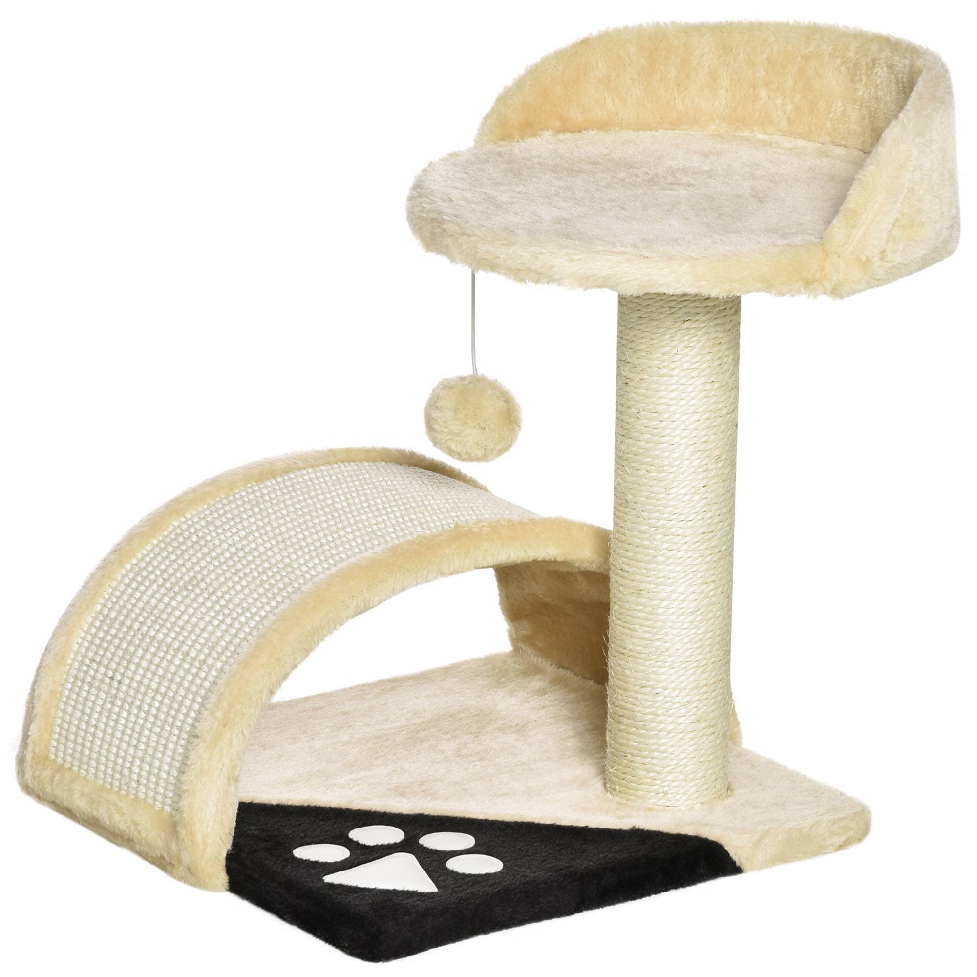 Arbre à chat PawHut 46 cm, tour avec grotte, balle, sisal, plateforme surélevée, jusqu'à 4 kg, beige - Image 1