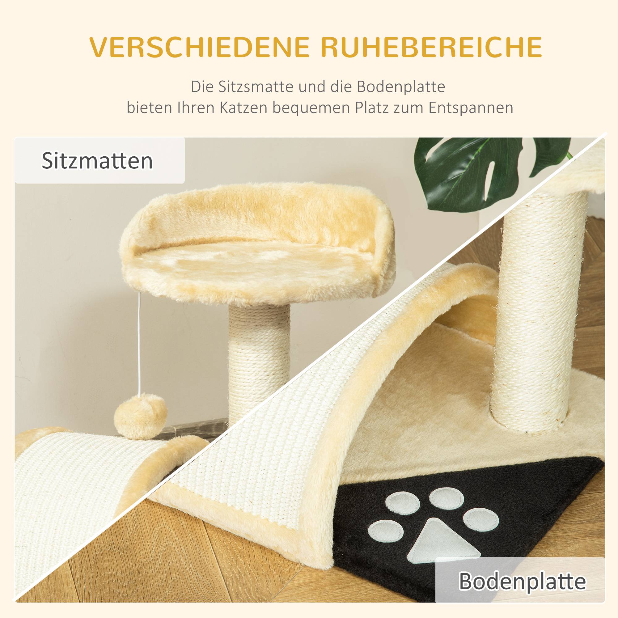 Arbre à chat PawHut 46 cm, tour avec grotte, balle, sisal, plateforme surélevée, jusqu'à 4 kg, beige - Image 7