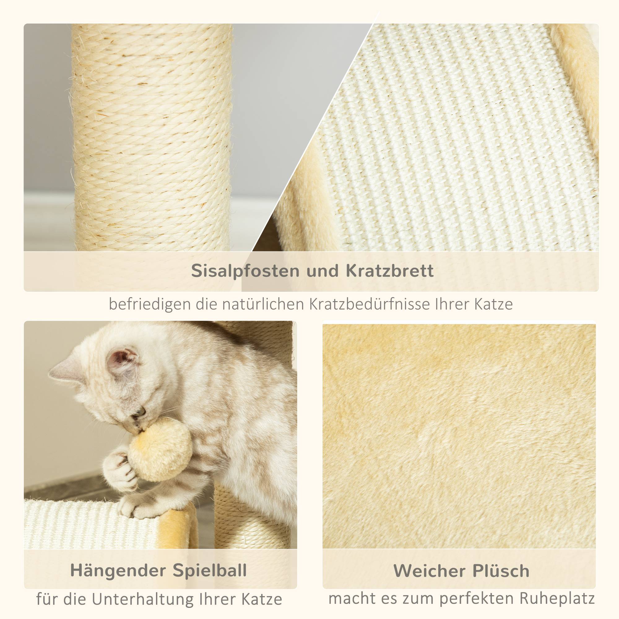 Arbre à chat PawHut 46 cm, tour avec grotte, balle, sisal, plateforme surélevée, jusqu'à 4 kg, beige - Image 6