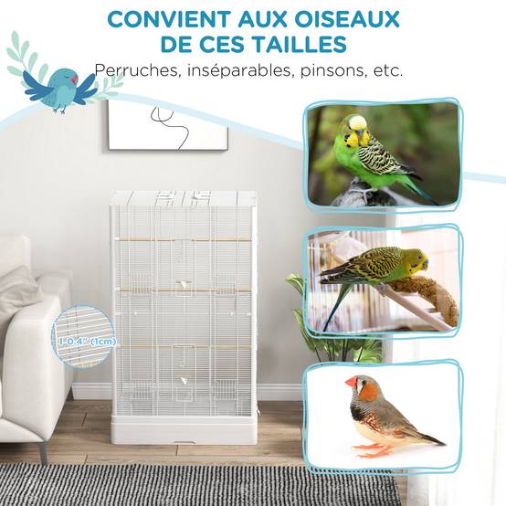 Cage à oiseaux volière acier canaris perruches multiples portes perchoirs 98cm blanc - ComfortXL Outdoor Living - Image 8