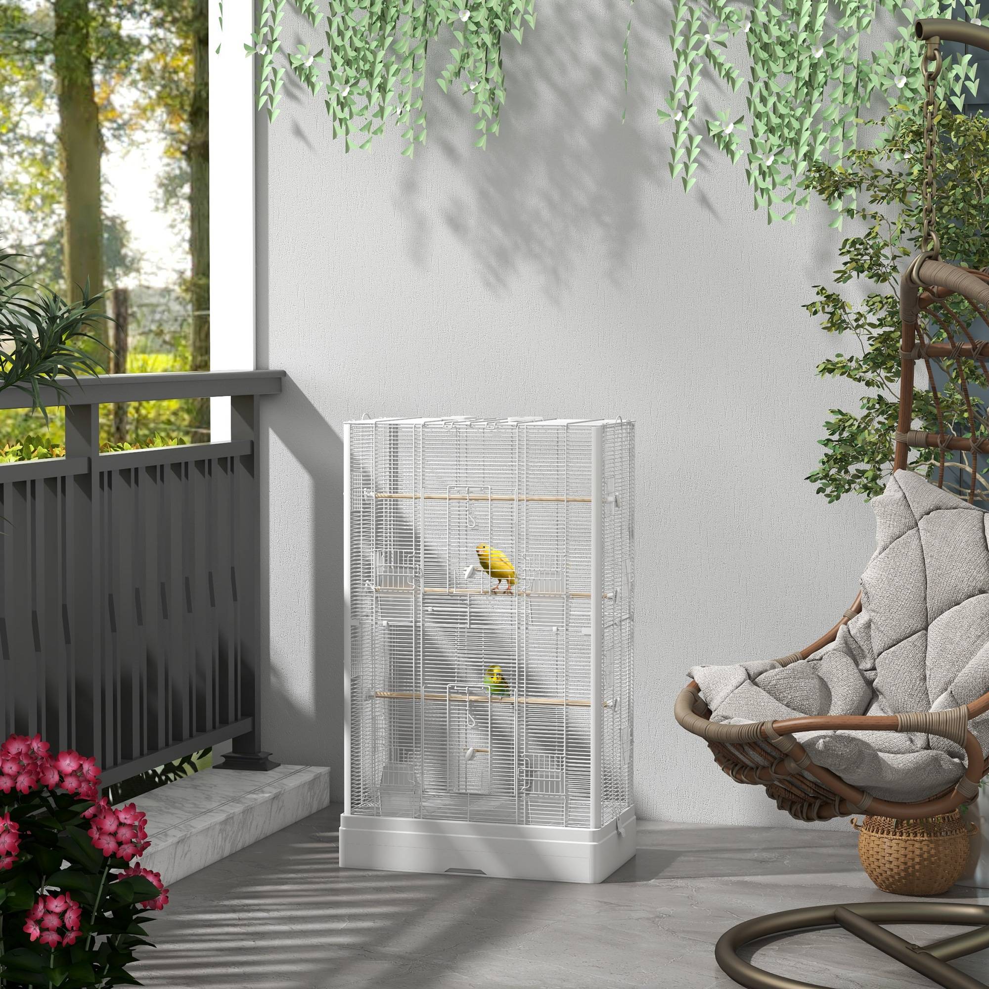 Cage à oiseaux volière acier canaris perruches multiples portes perchoirs 98cm blanc - ComfortXL Outdoor Living - Image 3