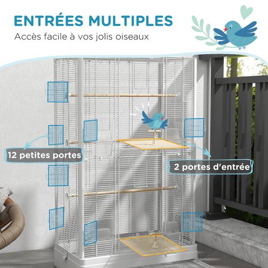 Cage à oiseaux volière acier canaris perruches multiples portes perchoirs 98cm blanc - ComfortXL Outdoor Living - Image 7
