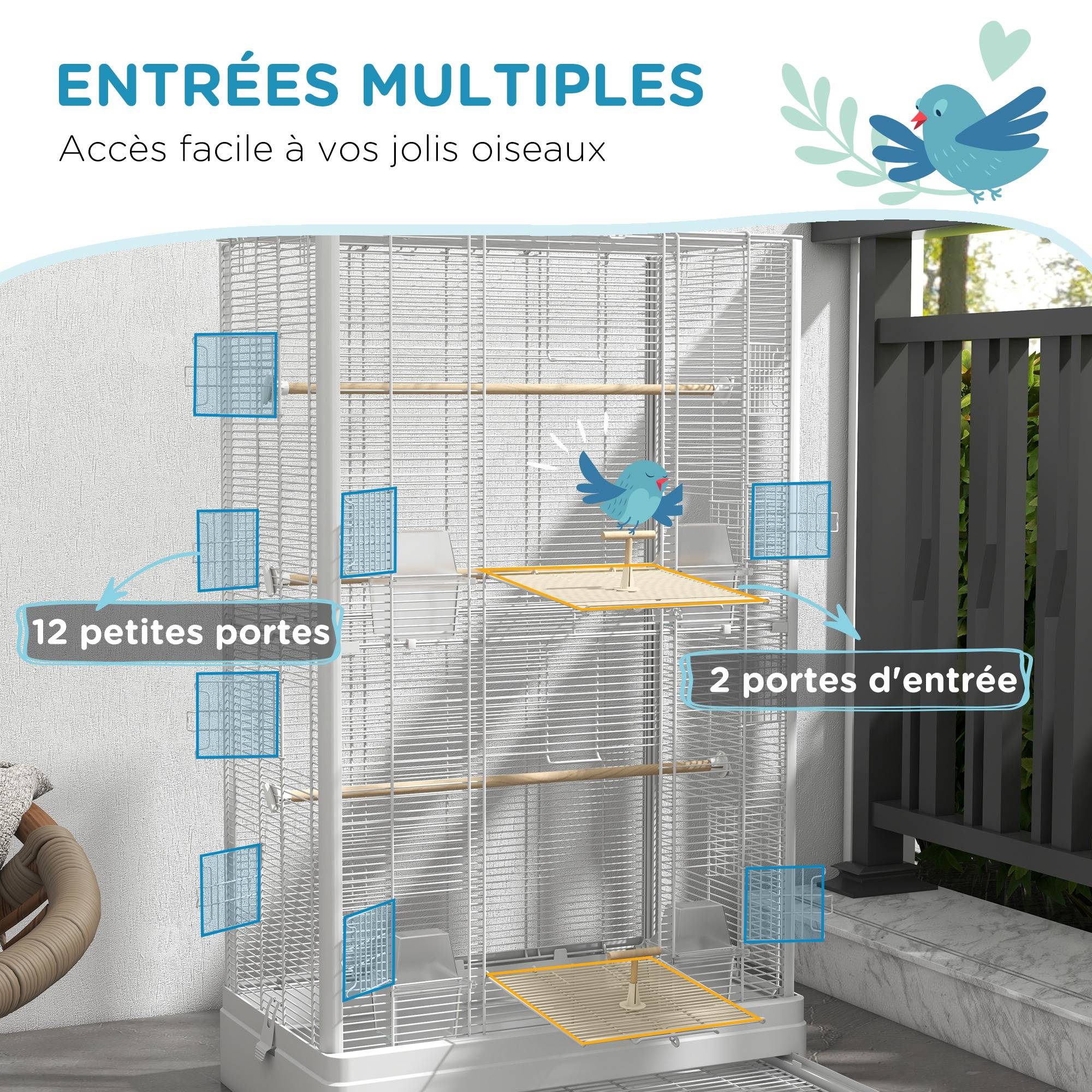 Cage à oiseaux volière acier canaris perruches multiples portes perchoirs 98cm blanc - ComfortXL Outdoor Living - Image 7