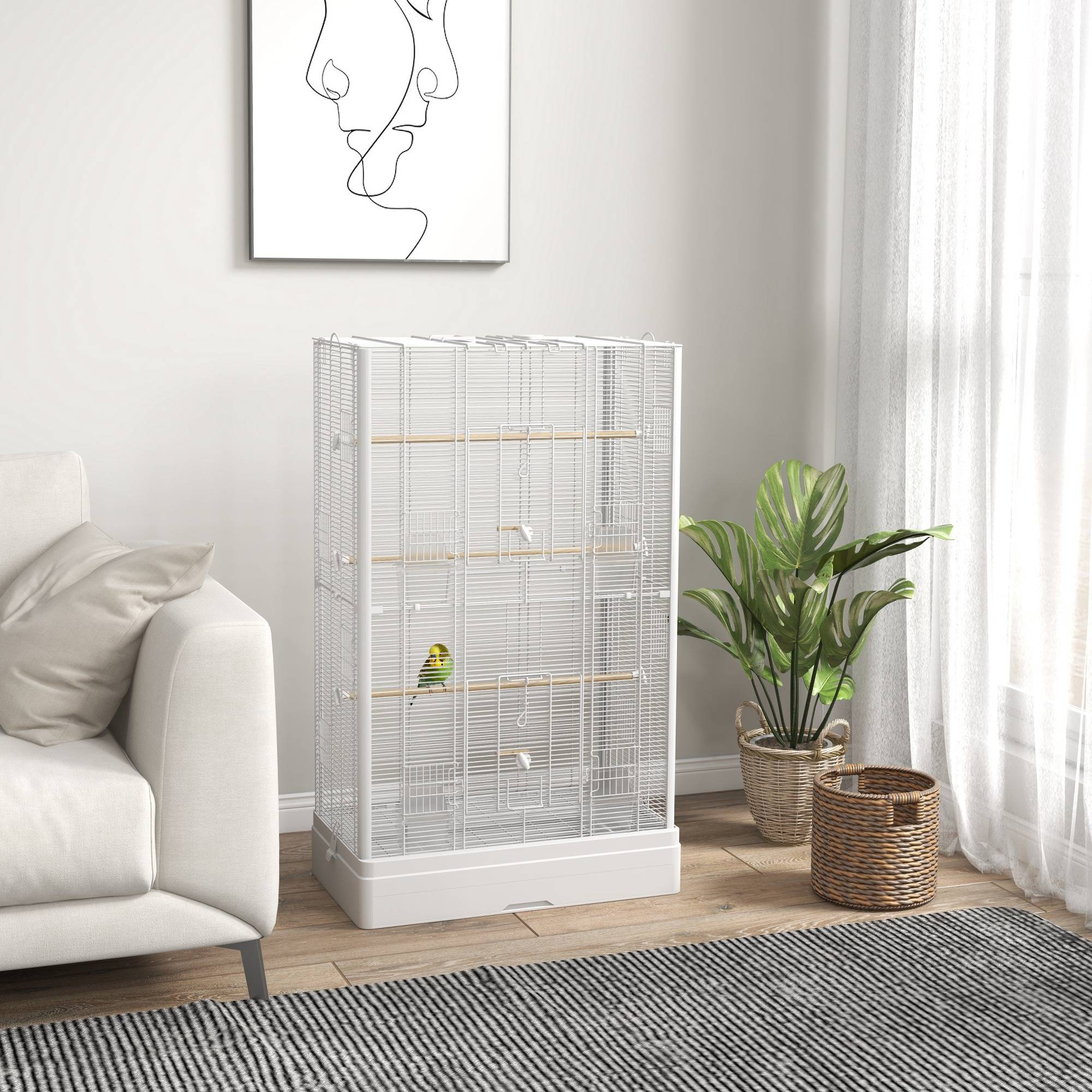 Cage à oiseaux volière acier canaris perruches multiples portes perchoirs 98cm blanc - ComfortXL Outdoor Living - Image 4