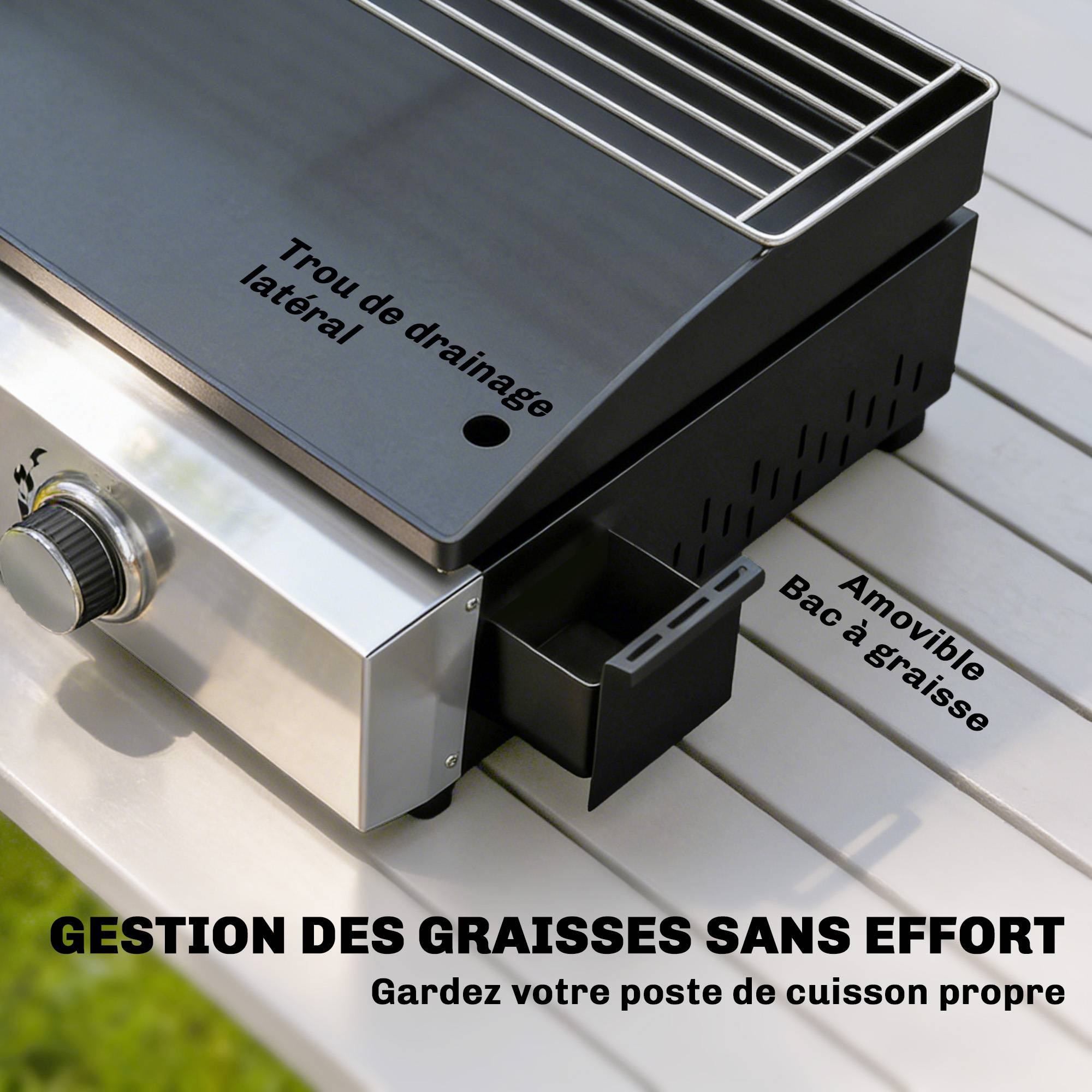 Plancha Gaz en Inox, 3 Brûleurs, Barbecue à Gaz avec Plaque Émaillée et Grille de Réchauffage, 7,5 kW, 62x44x21cm, Noir - Image 8