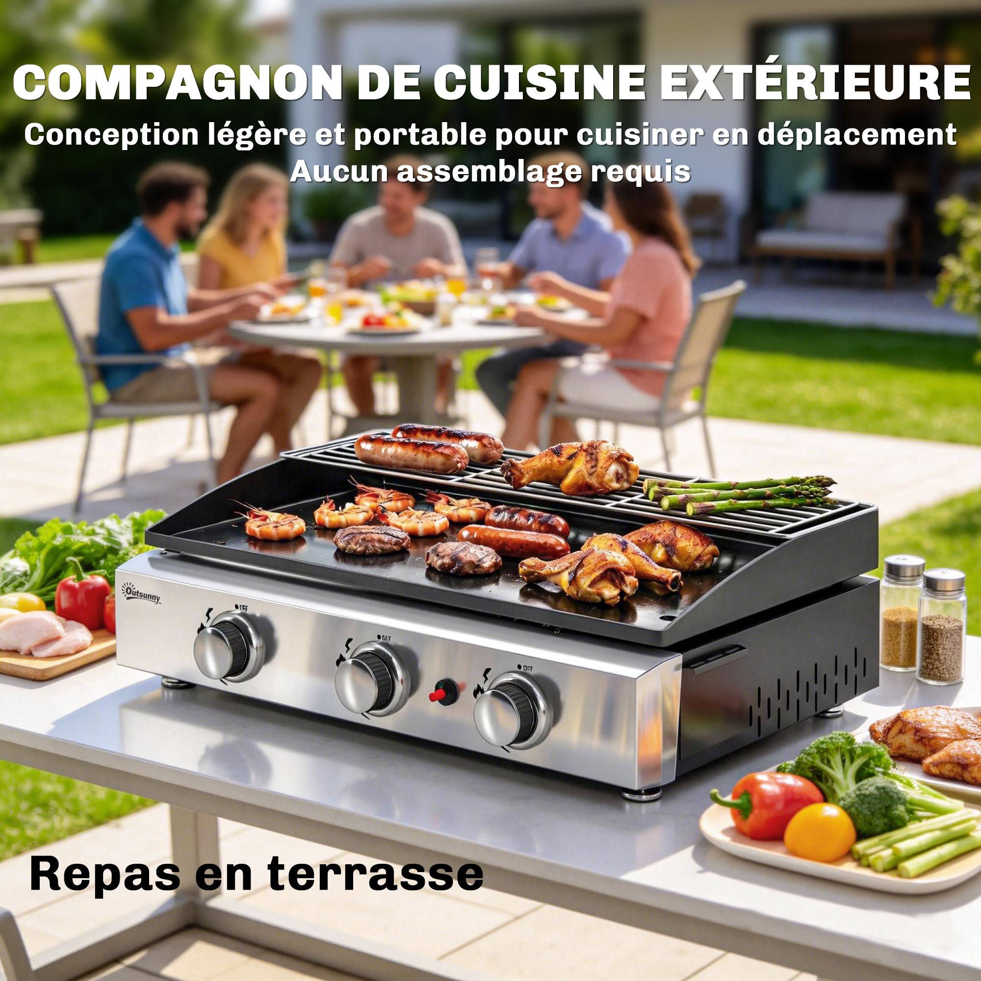 Plancha Gaz en Inox, 3 Brûleurs, Barbecue à Gaz avec Plaque Émaillée et Grille de Réchauffage, 7,5 kW, 62x44x21cm, Noir - Image 9