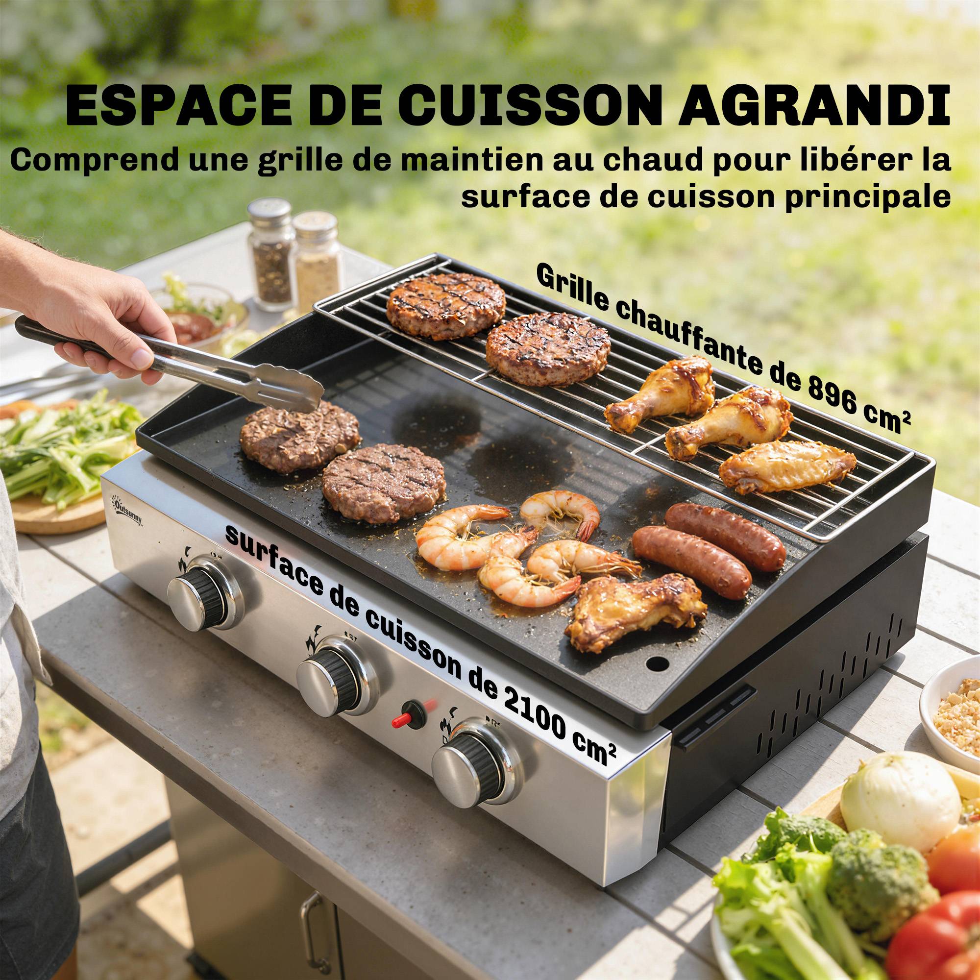 Plancha Gaz en Inox, 3 Brûleurs, Barbecue à Gaz avec Plaque Émaillée et Grille de Réchauffage, 7,5 kW, 62x44x21cm, Noir - Image 7