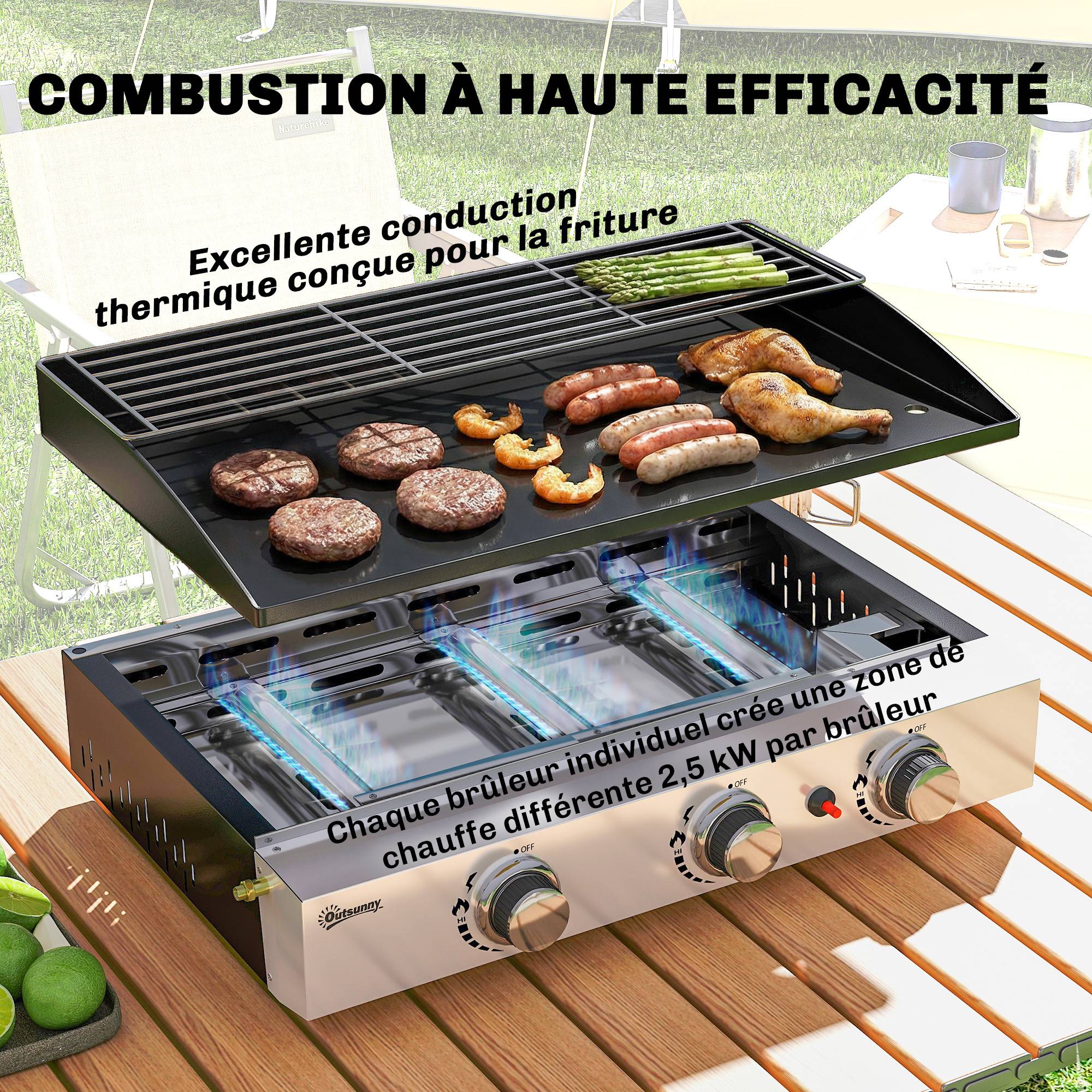Plancha Gaz en Inox, 3 Brûleurs, Barbecue à Gaz avec Plaque Émaillée et Grille de Réchauffage, 7,5 kW, 62x44x21cm, Noir - Image 6