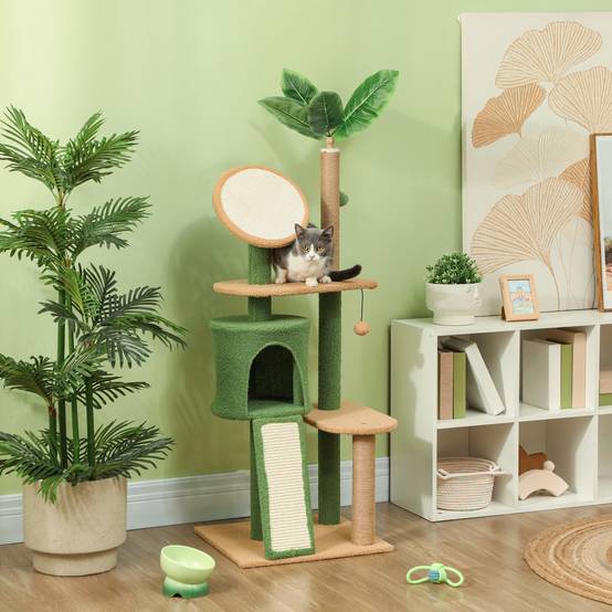 Arbre à Chat Design Naturel Sisal et Peluche Griffoir avec Cachette Jouet Vert 139cm - ComfortXL Pet Living - Image 1