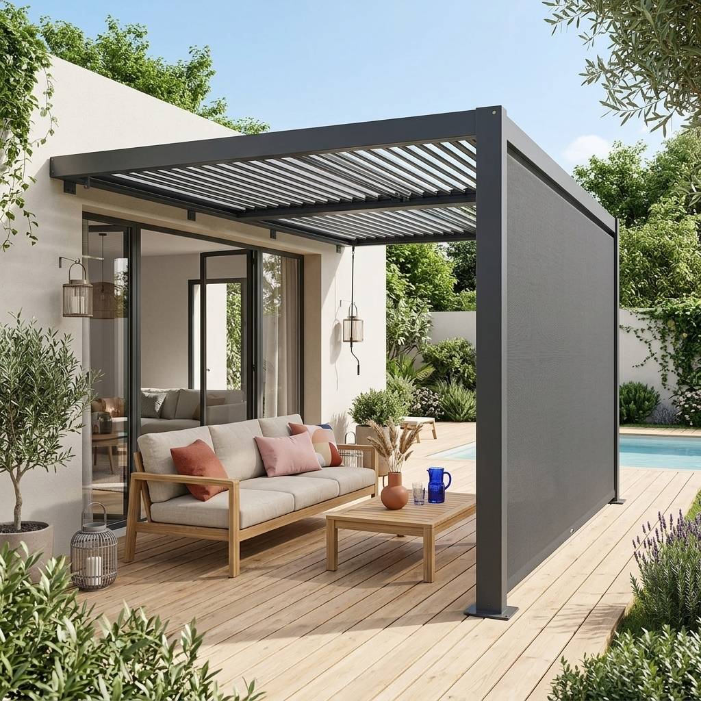 sweeek - Pergola bioclimatique aluminium adossée 4x3m anthracite + 1 auvent 4m Palace | sweeek - Image 1