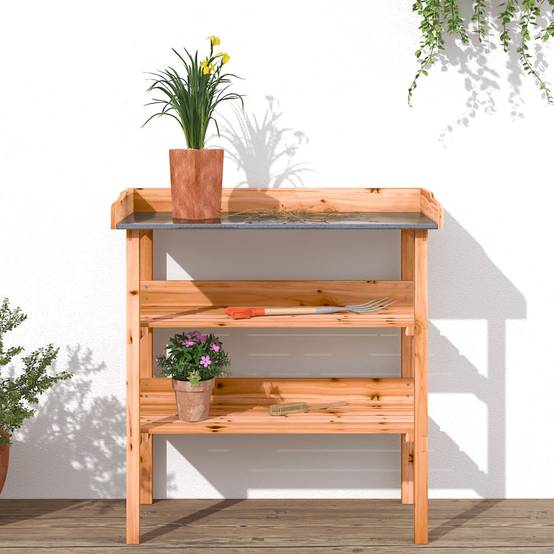 Établi de Jardinage Marron en Bois de Sapin avec Dessus en Métal et Double Étagère – ComfortXL Outdoor Living - Image 3