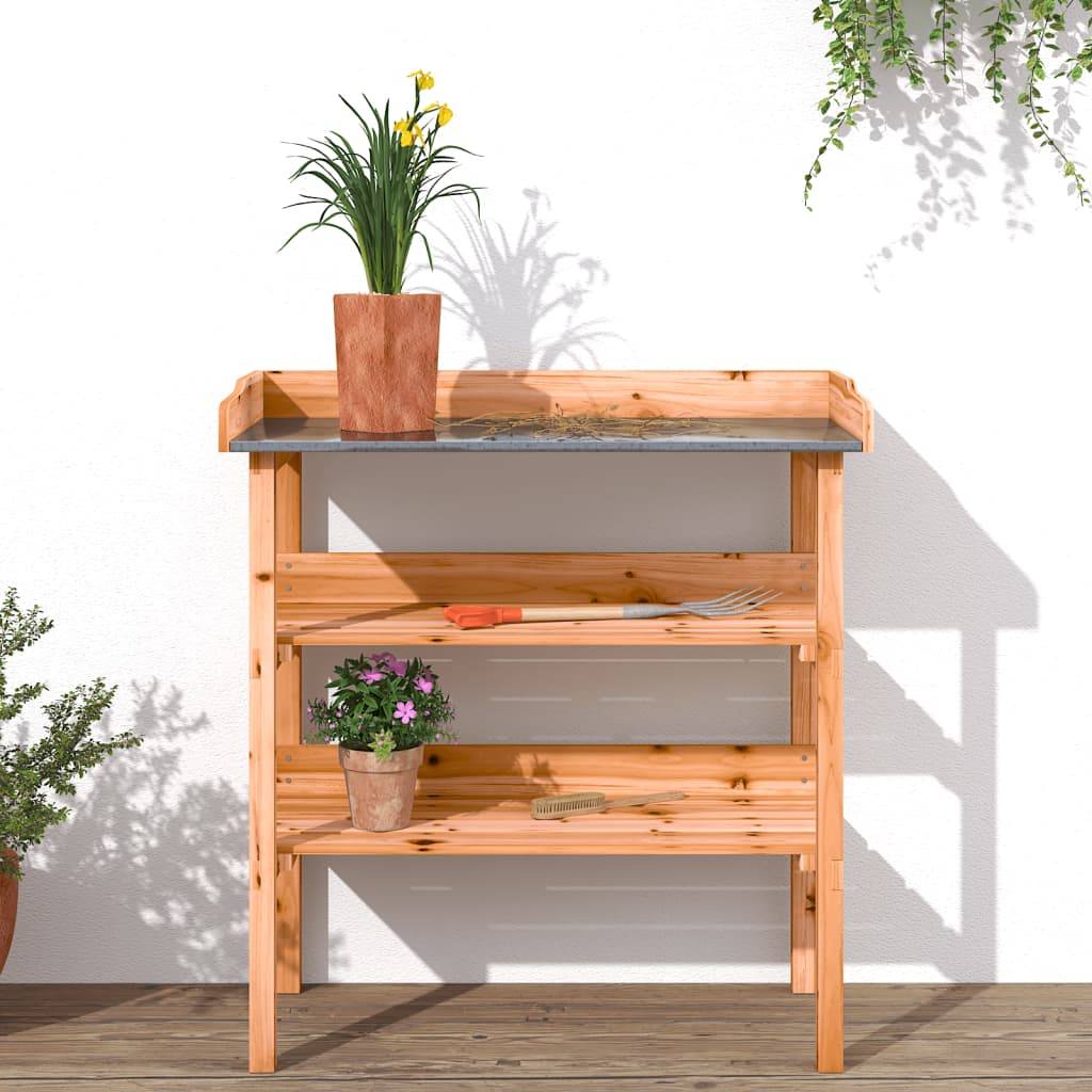 Établi de Jardinage Marron en Bois de Sapin avec Dessus en Métal et Double Étagère – ComfortXL Outdoor Living - Image 3