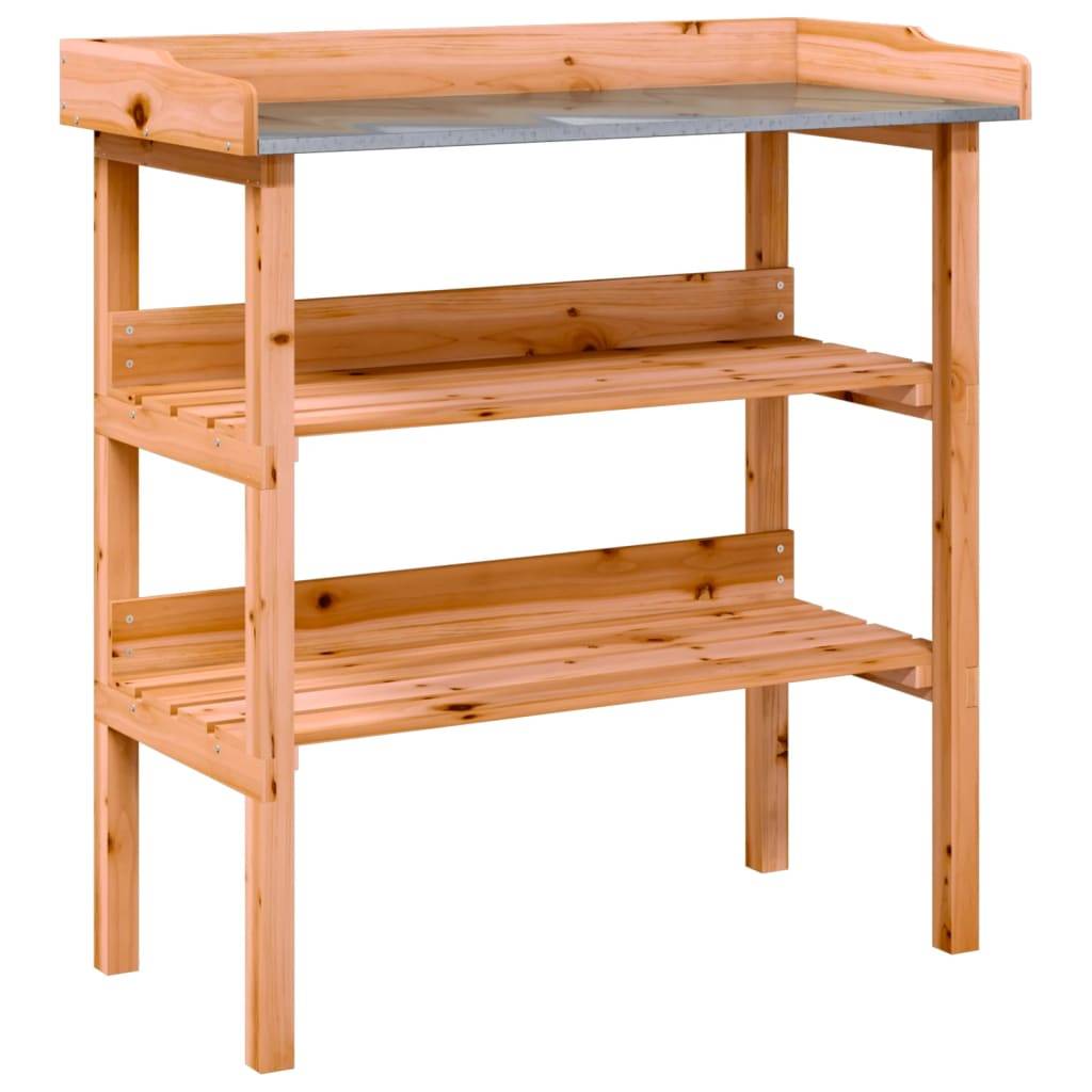Établi de Jardinage Marron en Bois de Sapin avec Dessus en Métal et Double Étagère – ComfortXL Outdoor Living - Image 2