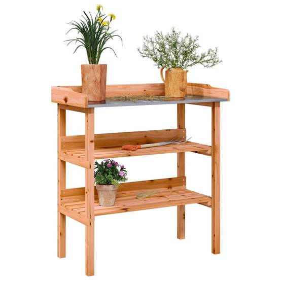 Établi de Jardinage Marron en Bois de Sapin avec Dessus en Métal et Double Étagère – ComfortXL Outdoor Living - Image 1