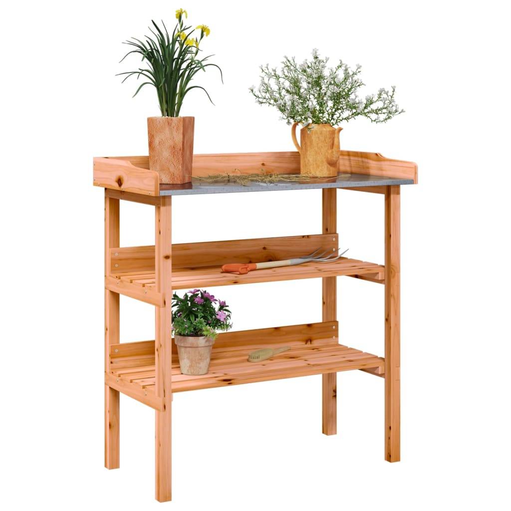Établi de Jardinage Marron en Bois de Sapin avec Dessus en Métal et Double Étagère – ComfortXL Outdoor Living - Image 1