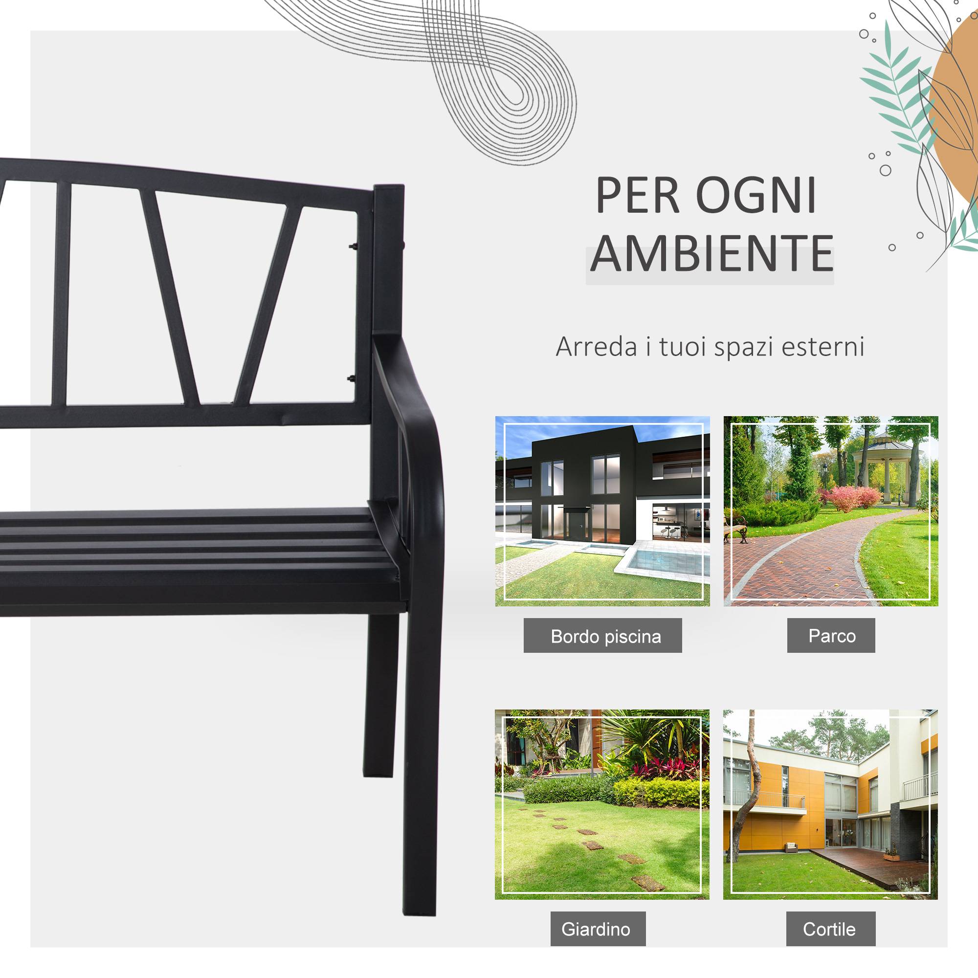 Banc de jardin en métal noir imperméable, banc d'extérieur 2 places en fer, 128 x 56 x 86 cm - Image 8