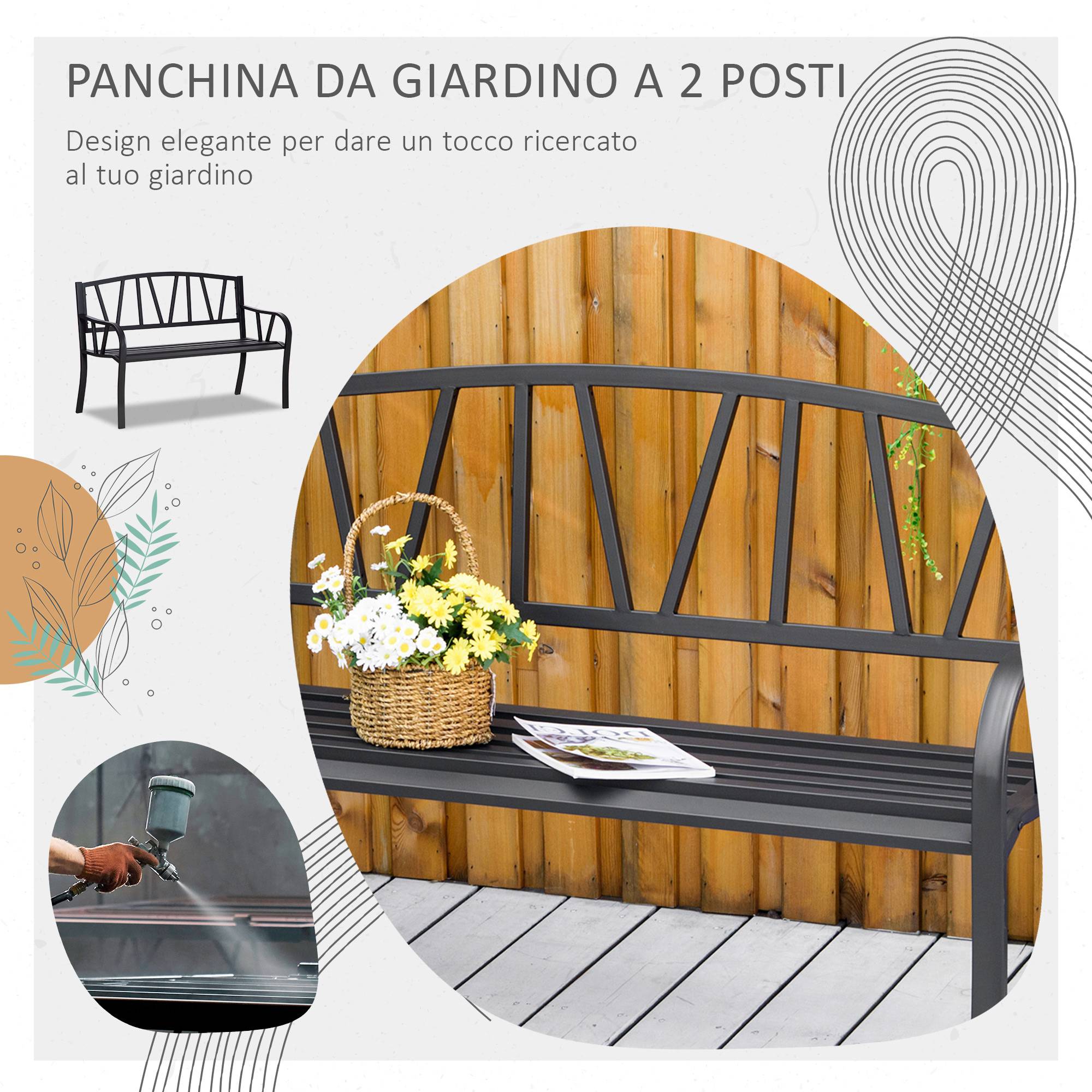 Banc de jardin en métal noir imperméable, banc d'extérieur 2 places en fer, 128 x 56 x 86 cm - Image 6