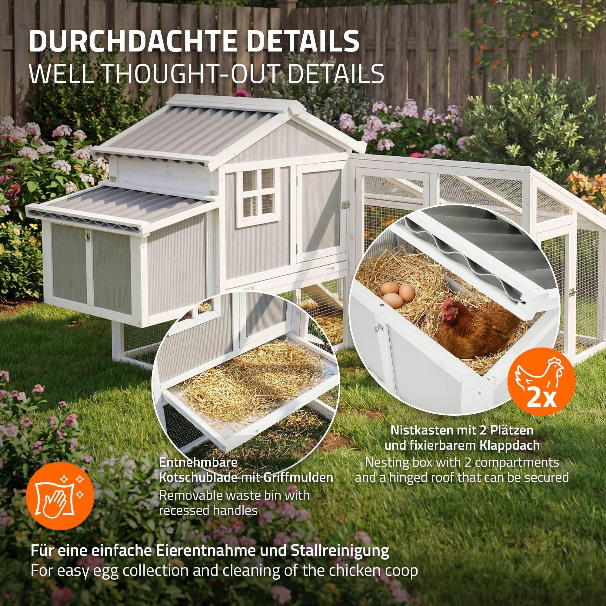 Ecd-Germany - Poulailler avec enclos extérieur en bois massif, nichoir 2 emplacements, perchoir et tiroir à déjections, modulable pour 2 poules petits animaux - Image 5