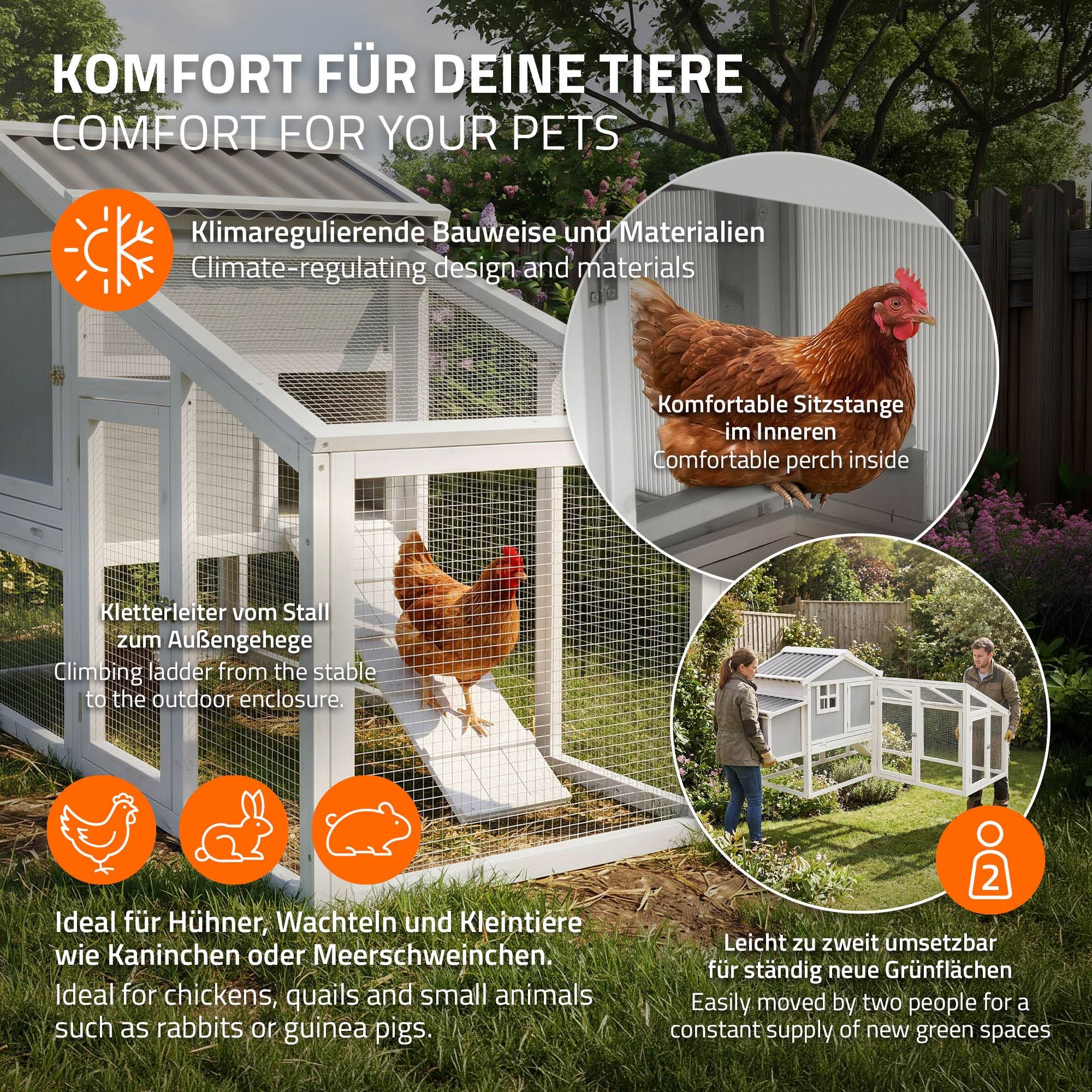 Ecd-Germany - Poulailler avec enclos extérieur en bois massif, nichoir 2 emplacements, perchoir et tiroir à déjections, modulable pour 2 poules petits animaux - Image 6