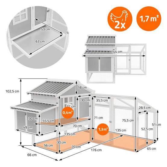 Ecd-Germany - Poulailler avec enclos extérieur en bois massif, nichoir 2 emplacements, perchoir et tiroir à déjections, modulable pour 2 poules petits animaux - Image 9