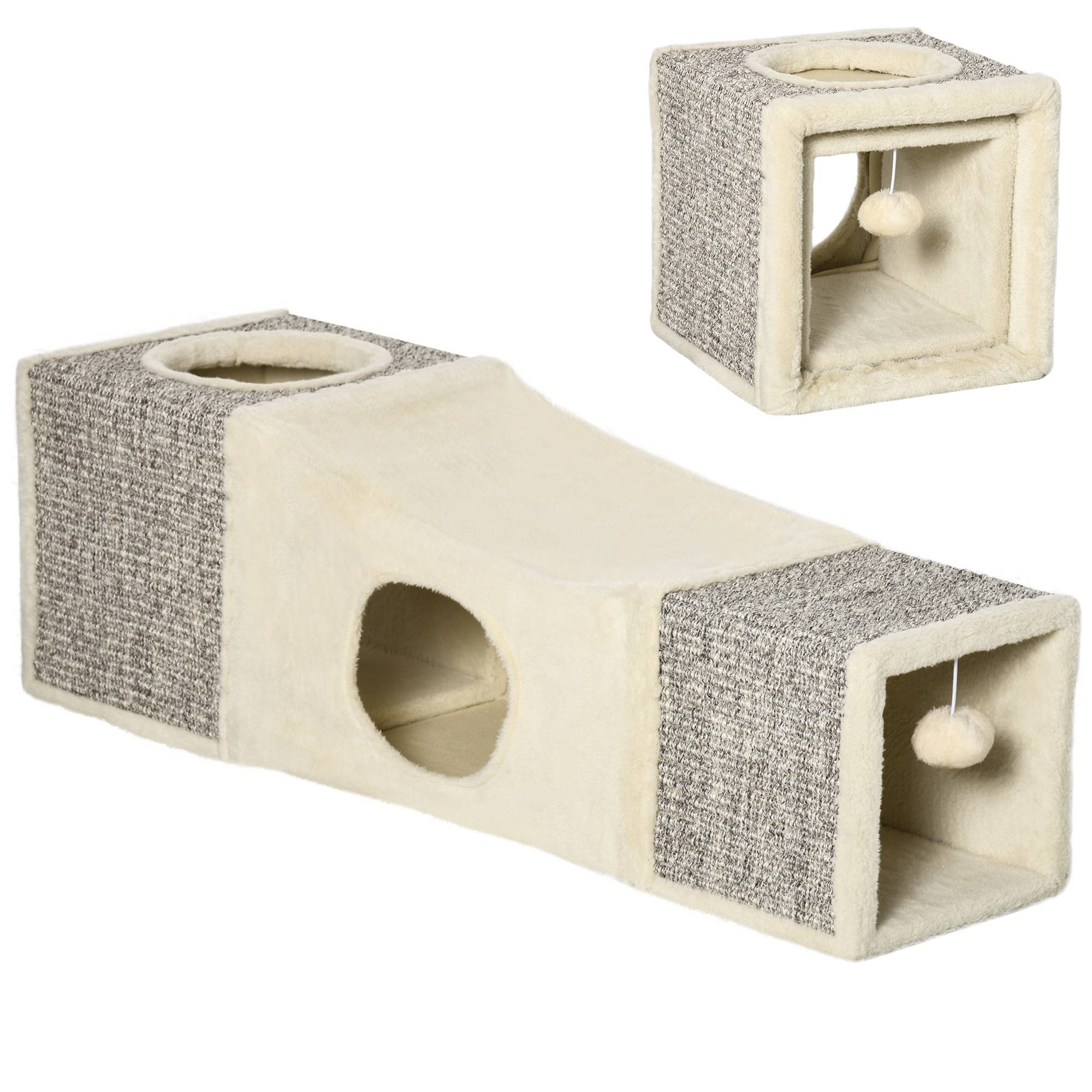 Sans Marque - Tunnel pour chat, 2 niches, griffoirs et balles, 98 cm x 30 cm x 30 cm, marron et beige - Image 1