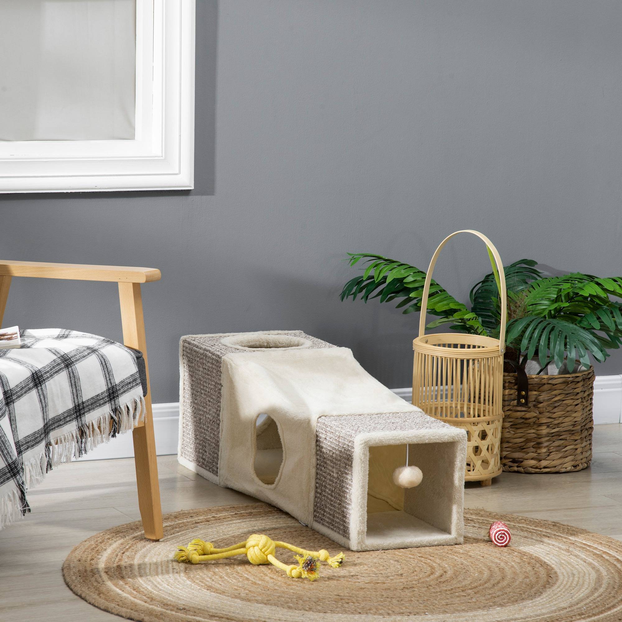Sans Marque - Tunnel pour chat, 2 niches, griffoirs et balles, 98 cm x 30 cm x 30 cm, marron et beige - Image 4