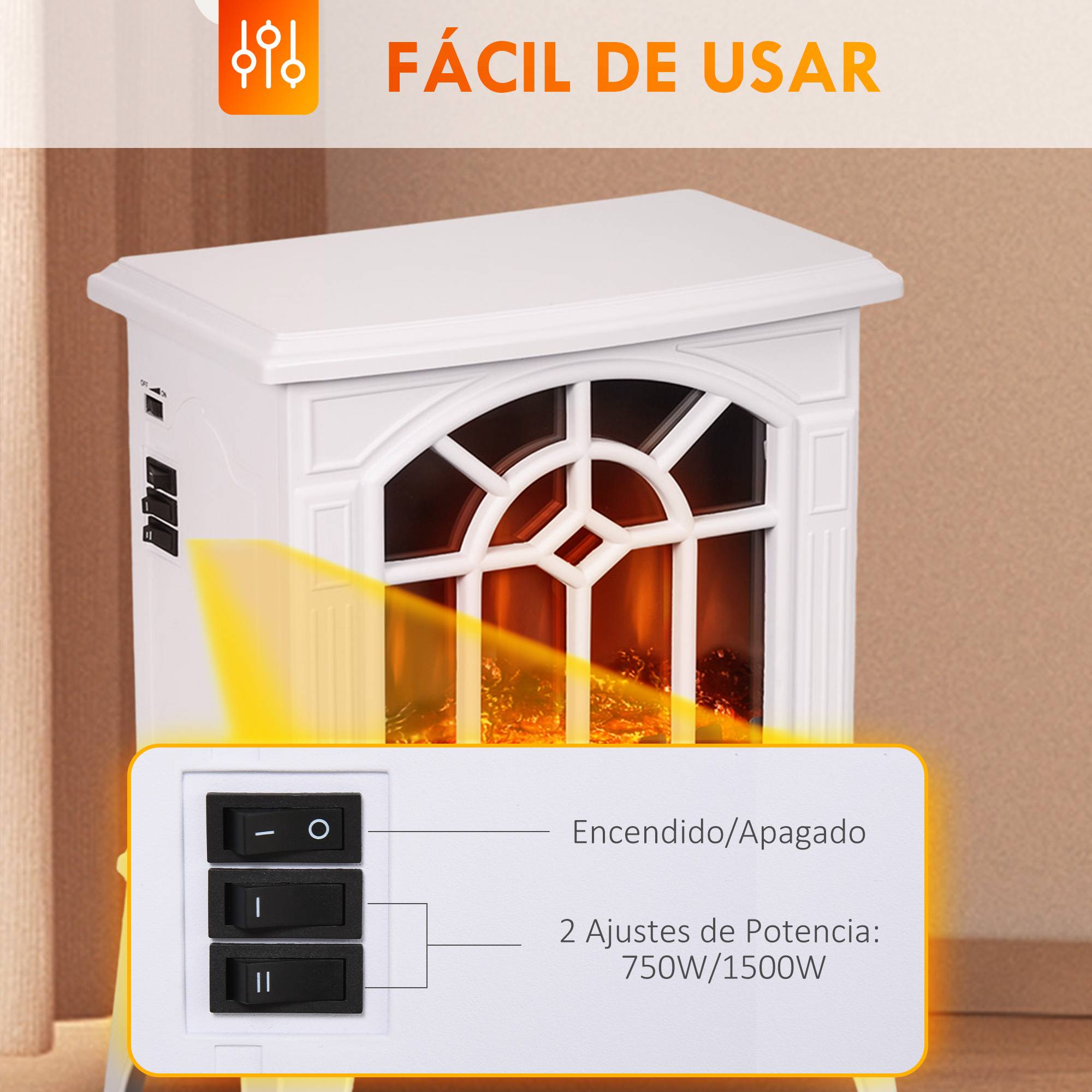 Cheminée décorative 1000W/2000W température réglable flammes LED 15-20 m² 36,5x24x46 cm blanc - Image 7