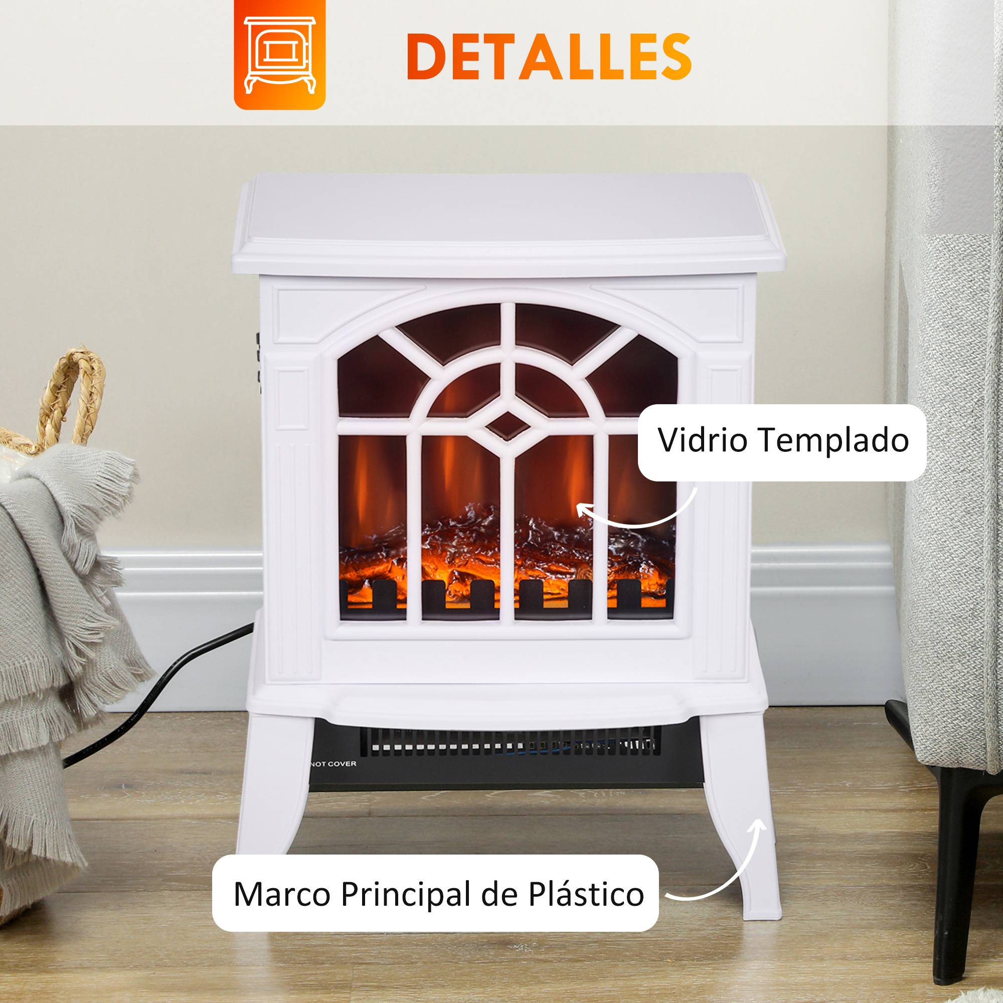 Cheminée décorative 1000W/2000W température réglable flammes LED 15-20 m² 36,5x24x46 cm blanc - Image 9