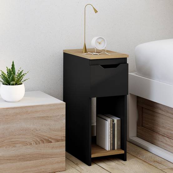 Lot de 2 tables de chevet étroites ANOUK 1 tiroir avec niche noir et bois - Image 1