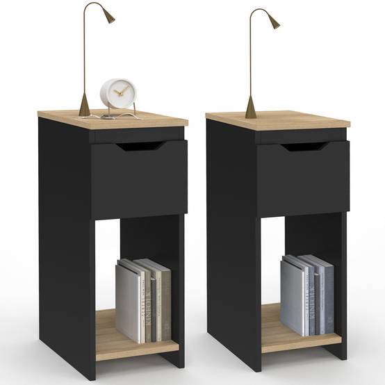 Lot de 2 tables de chevet étroites ANOUK 1 tiroir avec niche noir et bois - Image 2