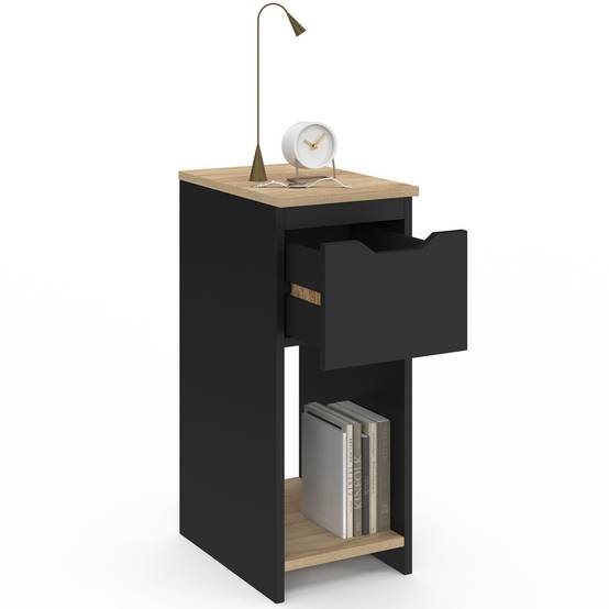 Lot de 2 tables de chevet étroites ANOUK 1 tiroir avec niche noir et bois - Image 6