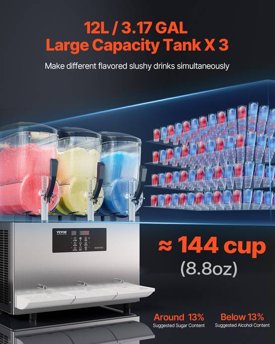 VEVOR Machine à granite commerciale 3x12L triple réservoir, inox, 144 tasses, pour cafés/bars. - Image 2