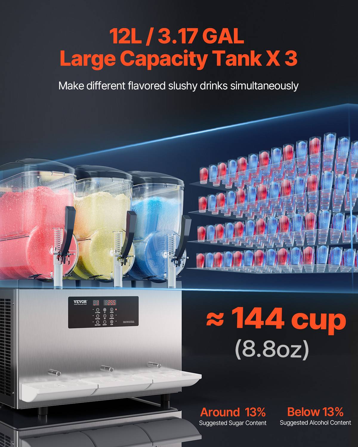 VEVOR Machine à granite commerciale 3x12L triple réservoir, inox, 144 tasses, pour cafés/bars. - Image 2