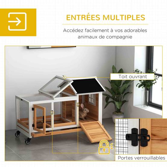 Clapier lapin rongeur bois massif intérieur extérieur sur roulettes 108x58x73cm jaune - ComfortXL Outdoor Living - Image 7
